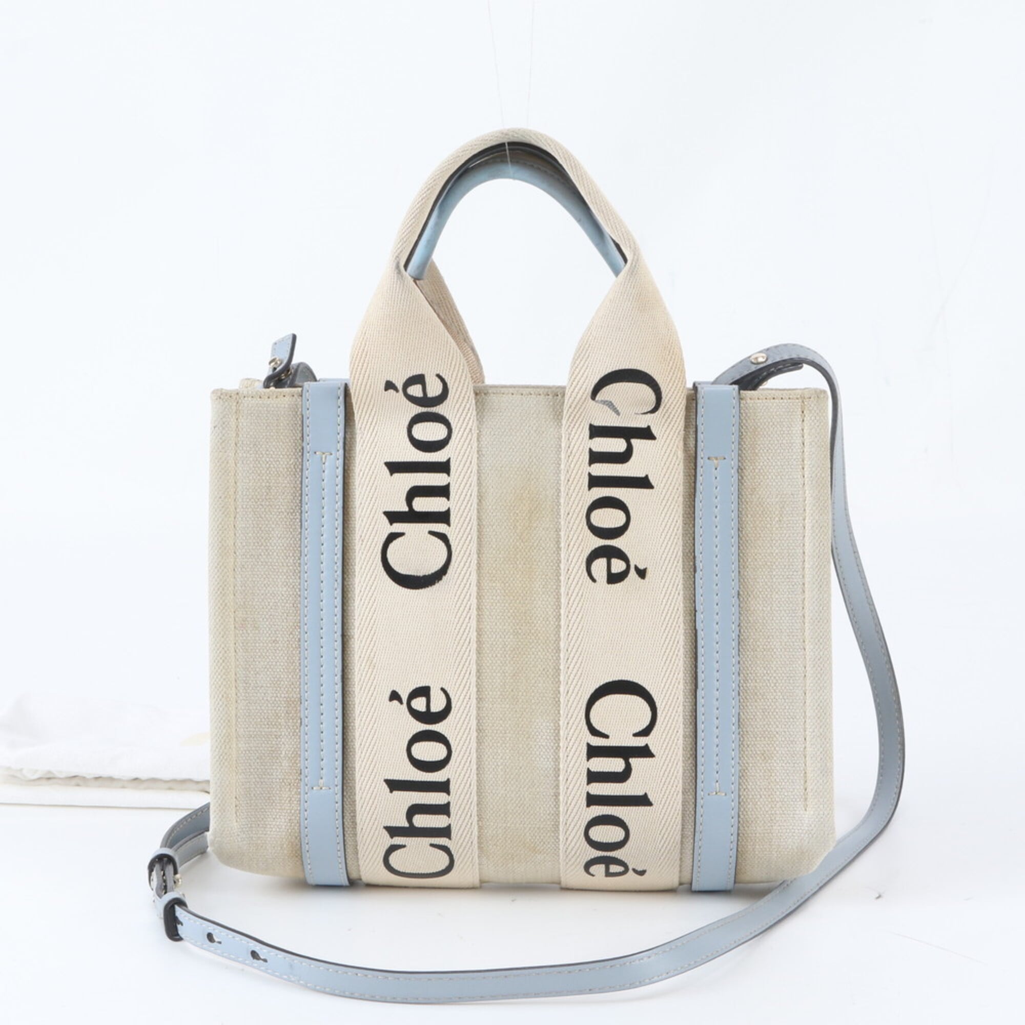 Chloé Beige Blue Canvas Leather Handbag Shoulder Bag Tote Bag (Pre-Owned)