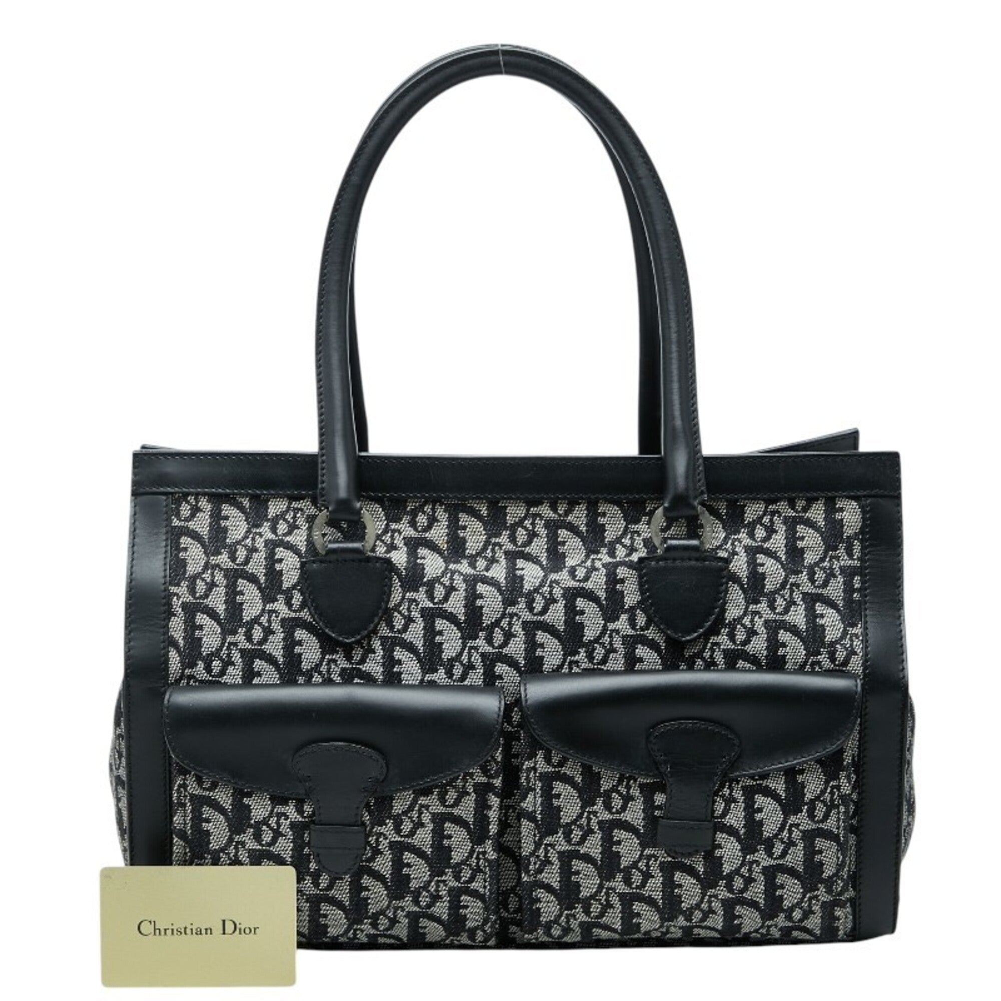 Christian Dior Black Gray Canvas Leather Handbag Tote Bag (Pre-Owned)