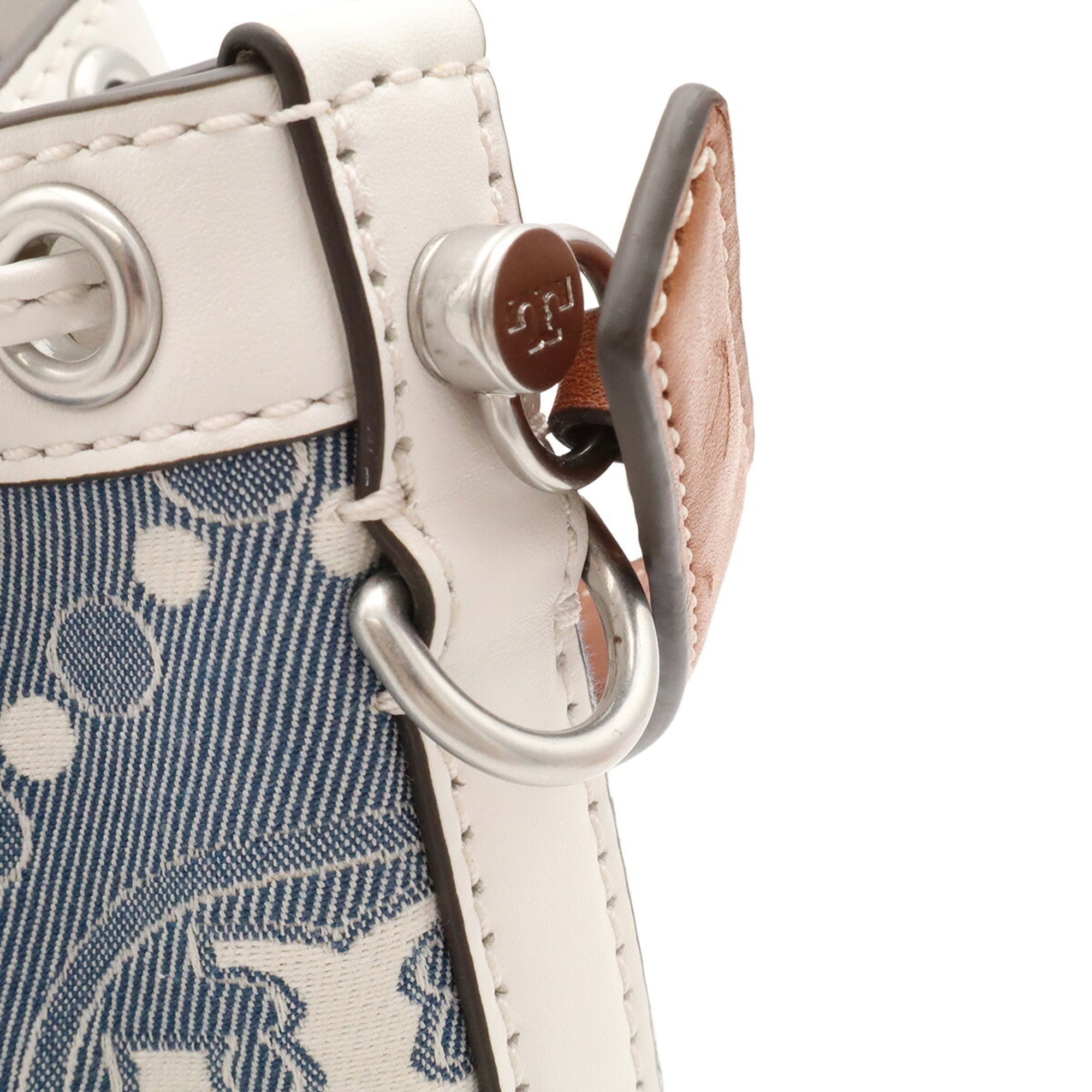 Tory Burch Brown Light Blue White Leather Denim Jacquard Handbag Shoulder Bag (Pre-Owned)