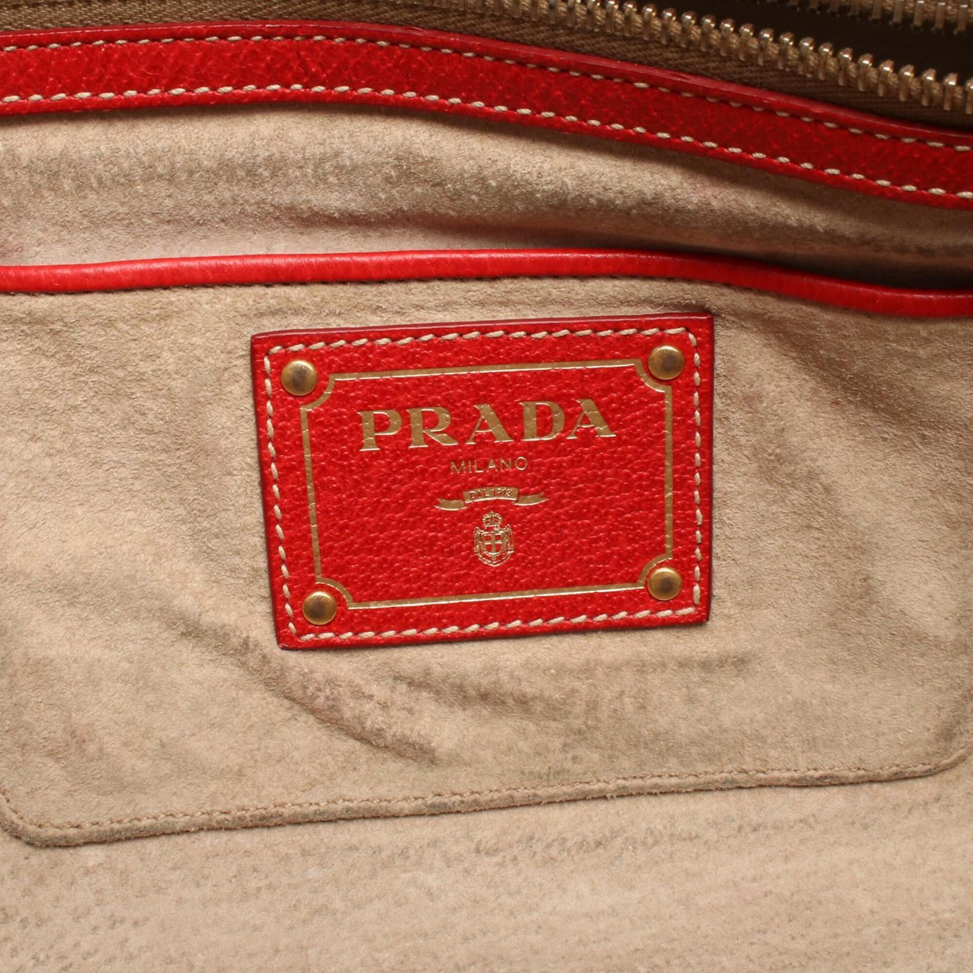 Prada Beige Red Color Canvas Leather Handbag (Pre-Owned)