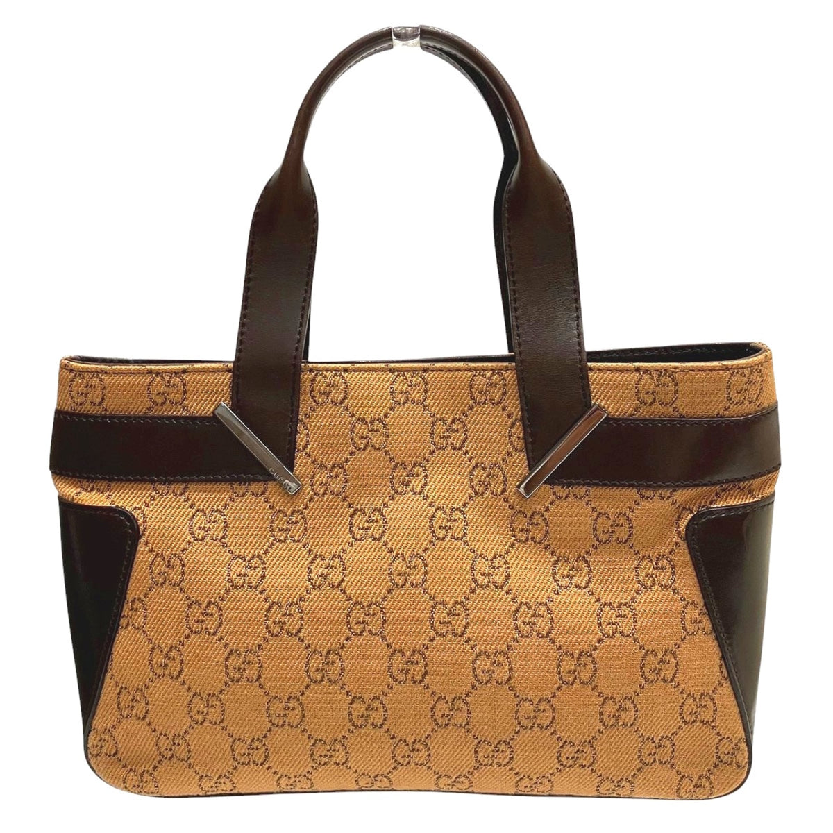 Gucci Beige Brown Leather Gg Canvas Handbag (Pre-Owned)