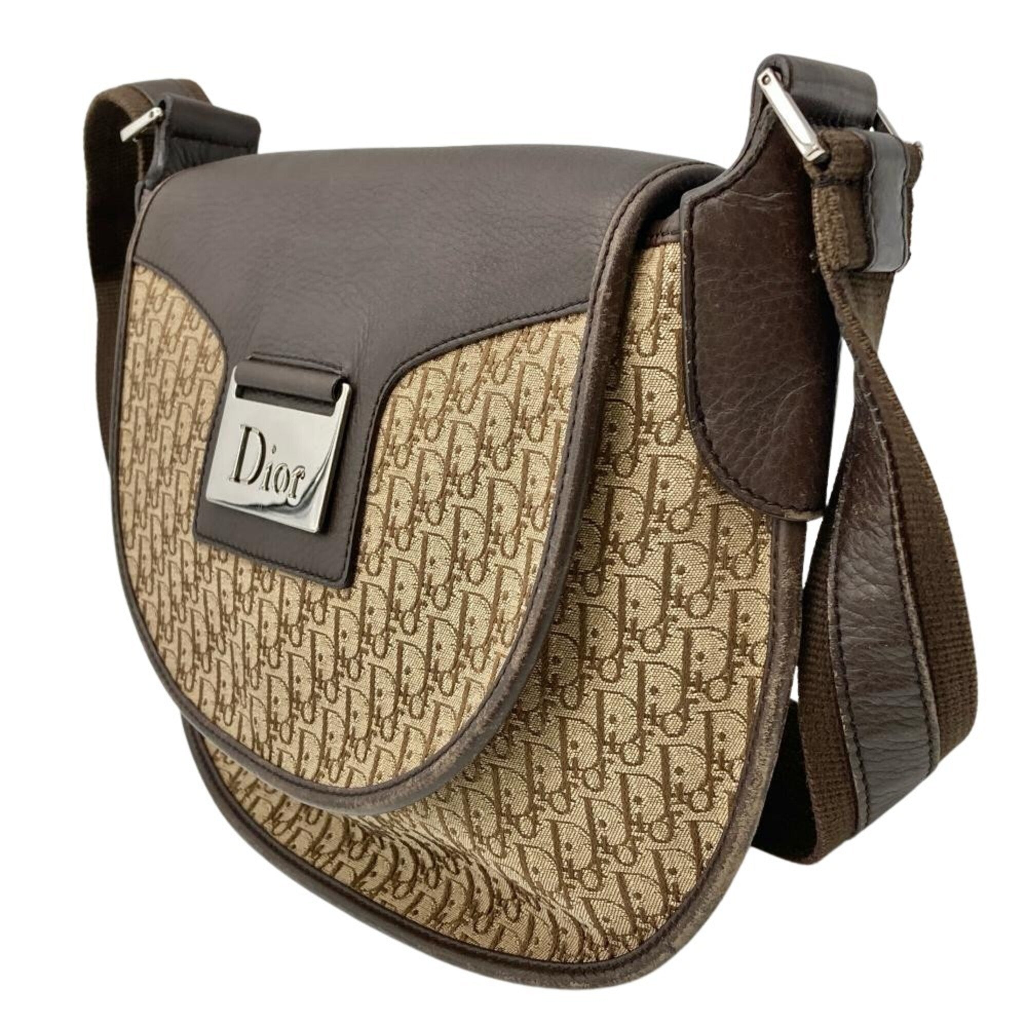 Christian Dior Trotter Brown Jacquard Leather Shoulder Bag (Pre-Owned)