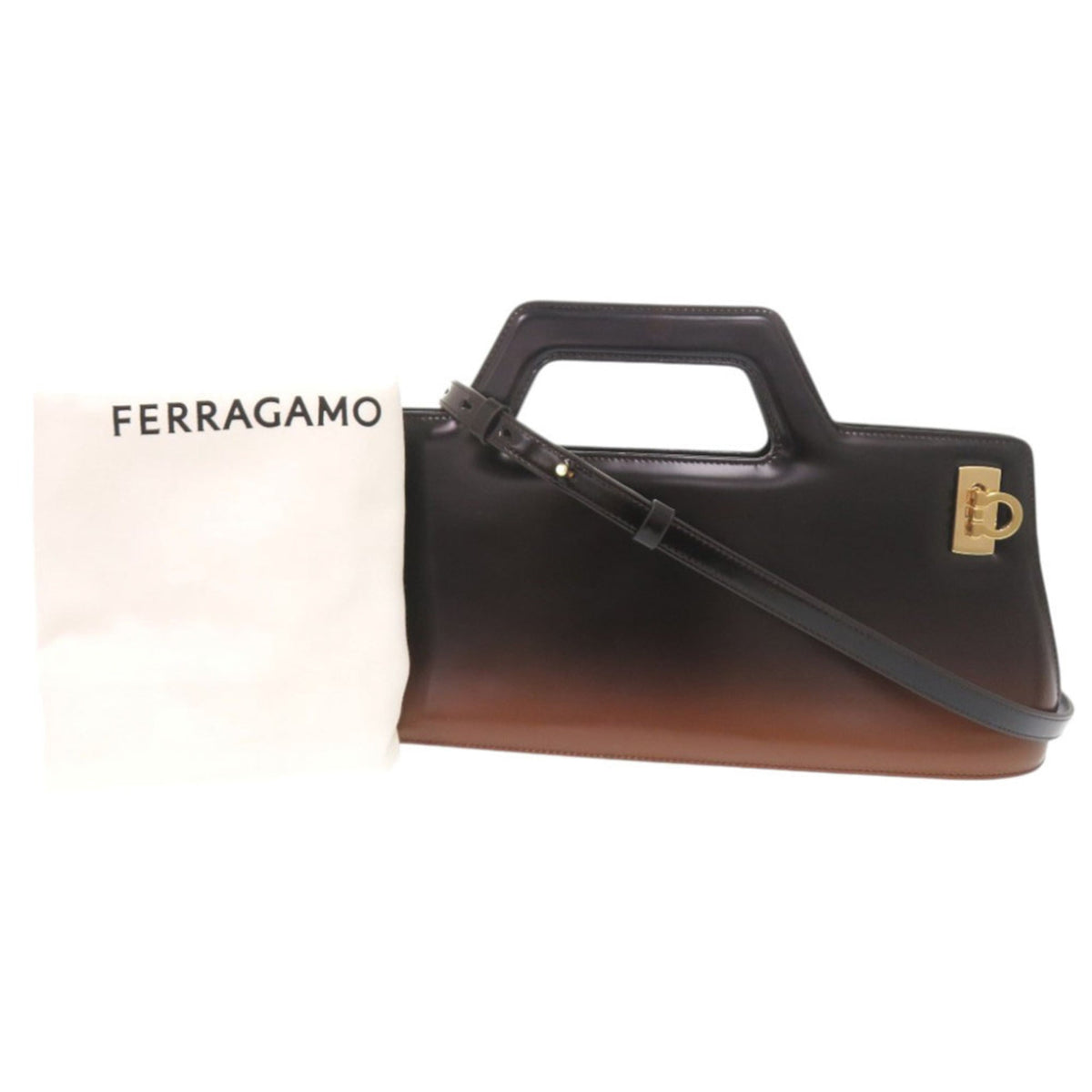 Salvatore Ferragamo Black Brown Patent Leather Handbag Shoulder Bag (Pre-Owned)