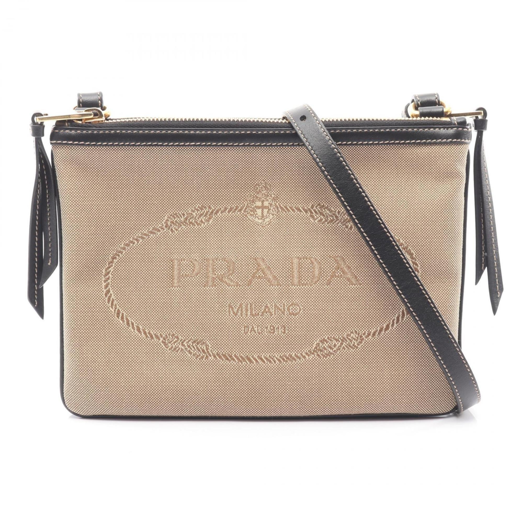 Prada Beige Black Canvas Leather Shoulder Bag (Pre-Owned)