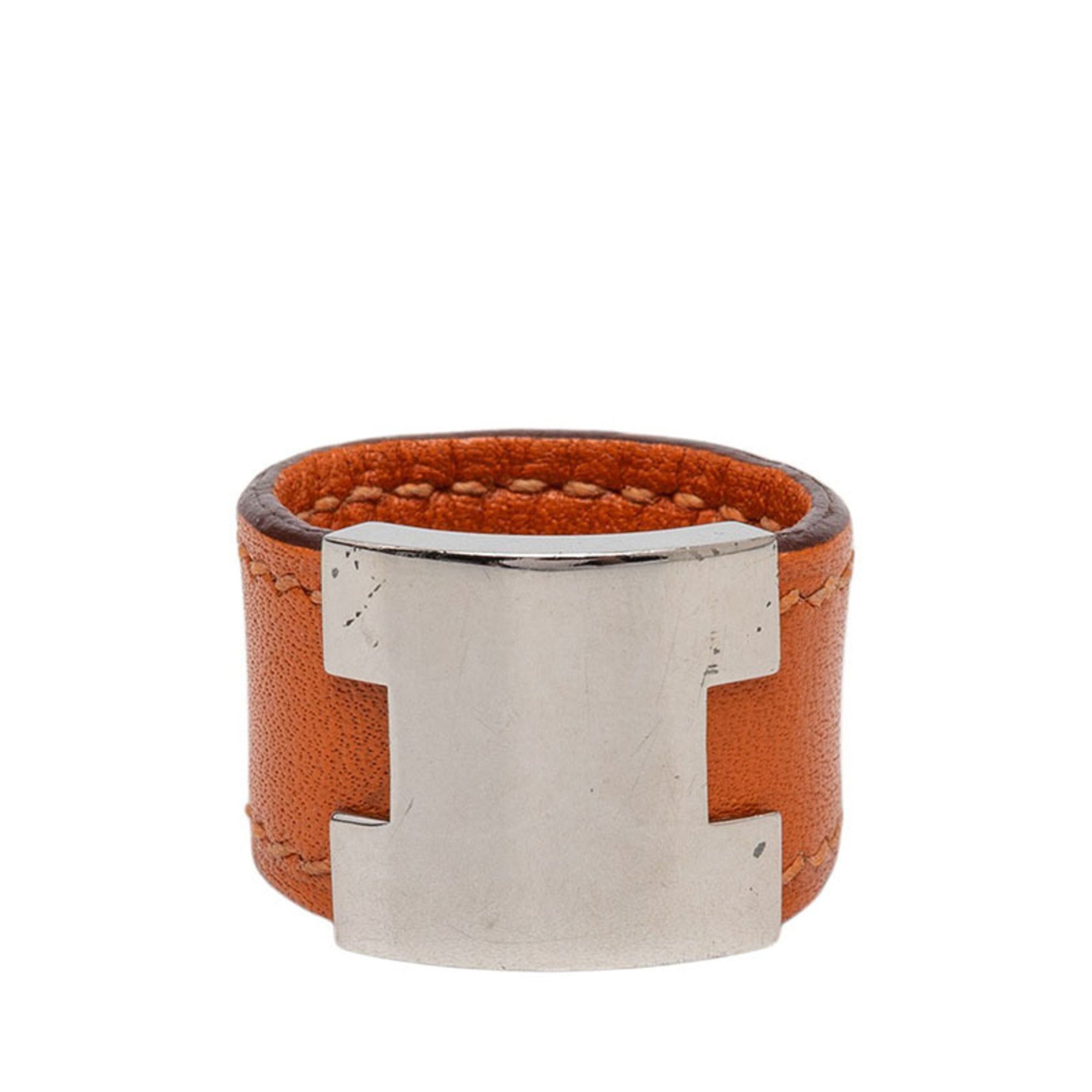 Hermes Silver Orange Leather Metal Band Ring (Pre-Owned)