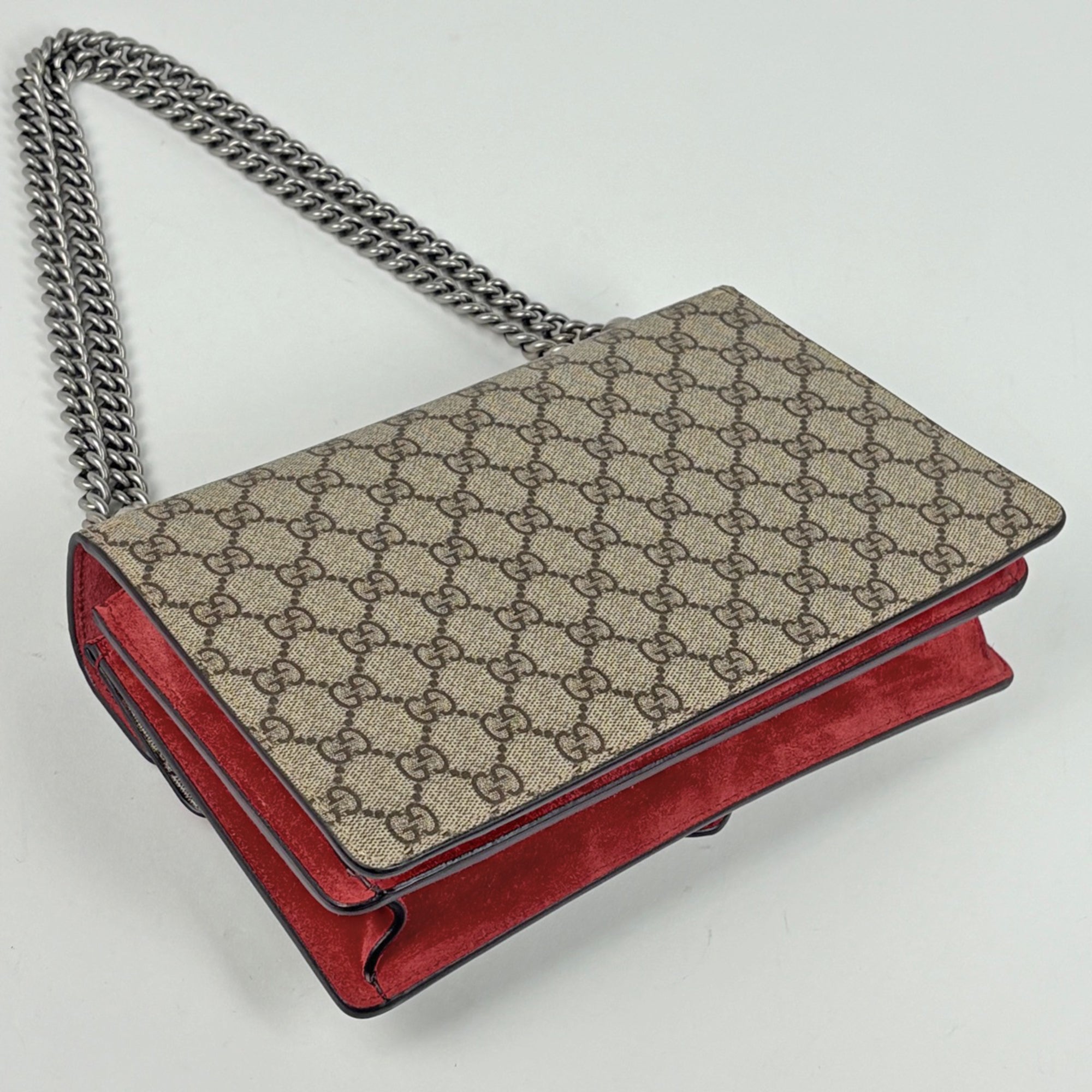 Gucci Beige Red Color Coated Canvas Suede Shoulder Bag (Pre-Owned)