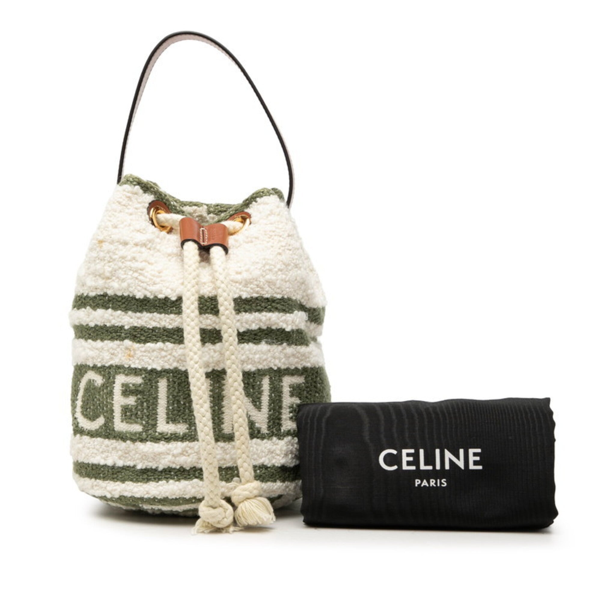Celine Green Ivory White Textile Handbag (Pre-Owned)