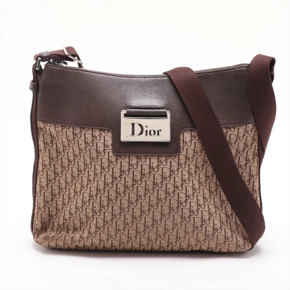 Christian Dior Brown Leather Canvas Crossbody Bag Shoulder Bag (Pre-Owned)