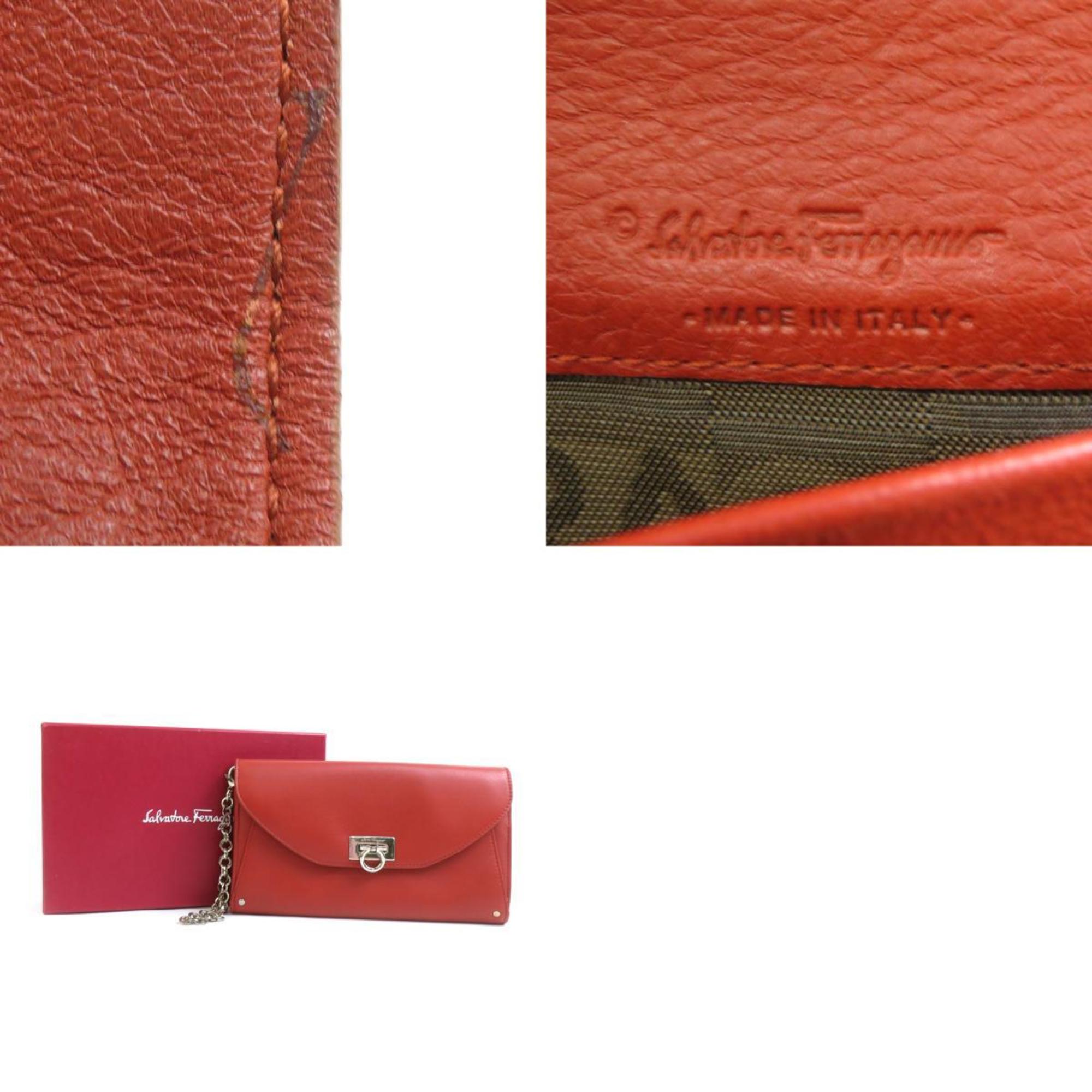Salvatore Ferragamo Brown Orange Leather Long Wallet (Bi-Fold) (Pre-Owned)
