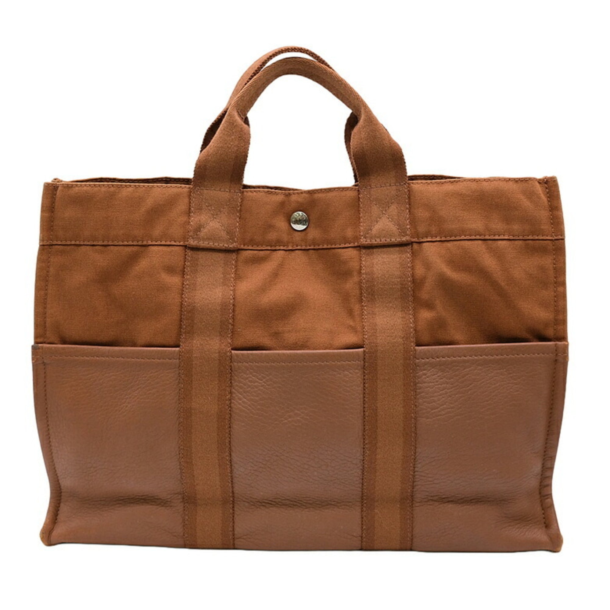 Hermes Brown Canvas Leather Handbag Tote Bag (Pre-Owned)