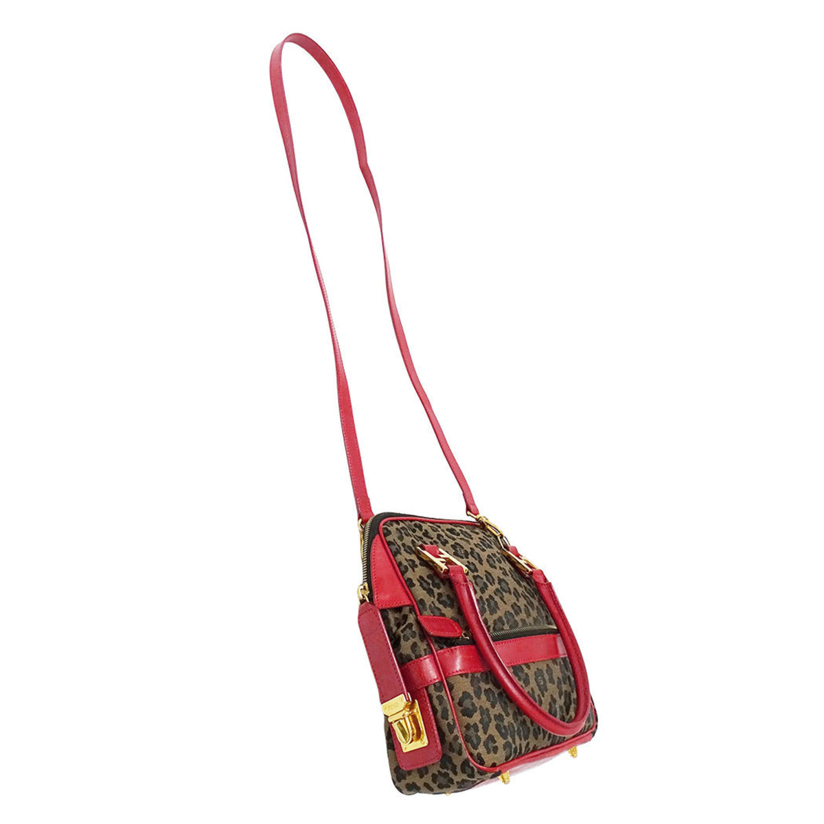 Fendi Red Brown Canvas Leather Handbag Shoulder Bag (Pre-Owned)