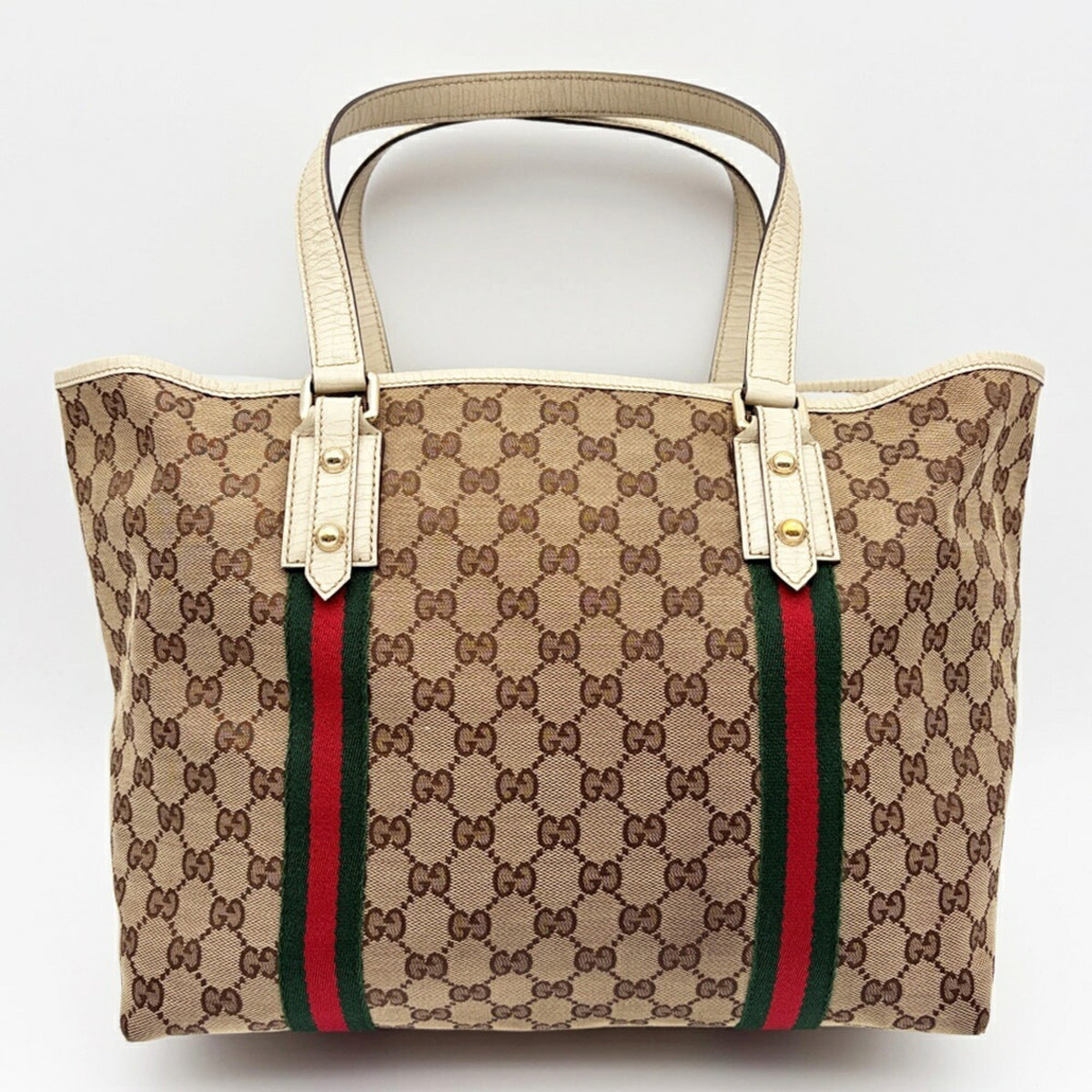 Gucci Ivory Gg Canvas Leather Tote Bag (Pre-Owned)