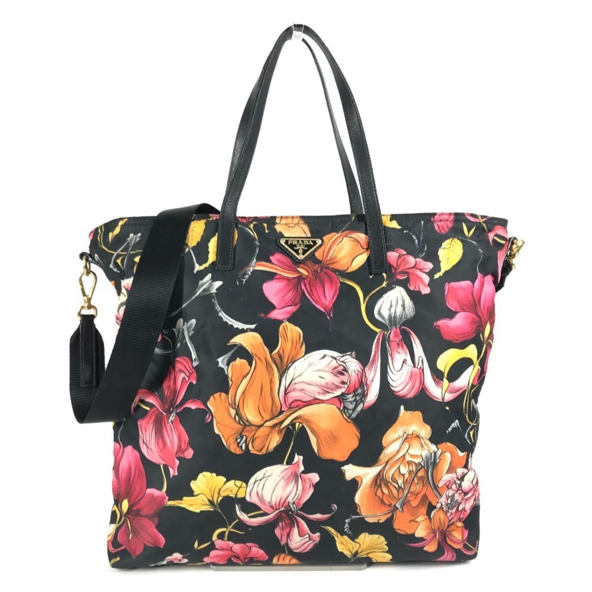 Prada Black Multi-Color Leather Nylon Handbag Shoulder Bag Tote Bag (Pre-Owned)