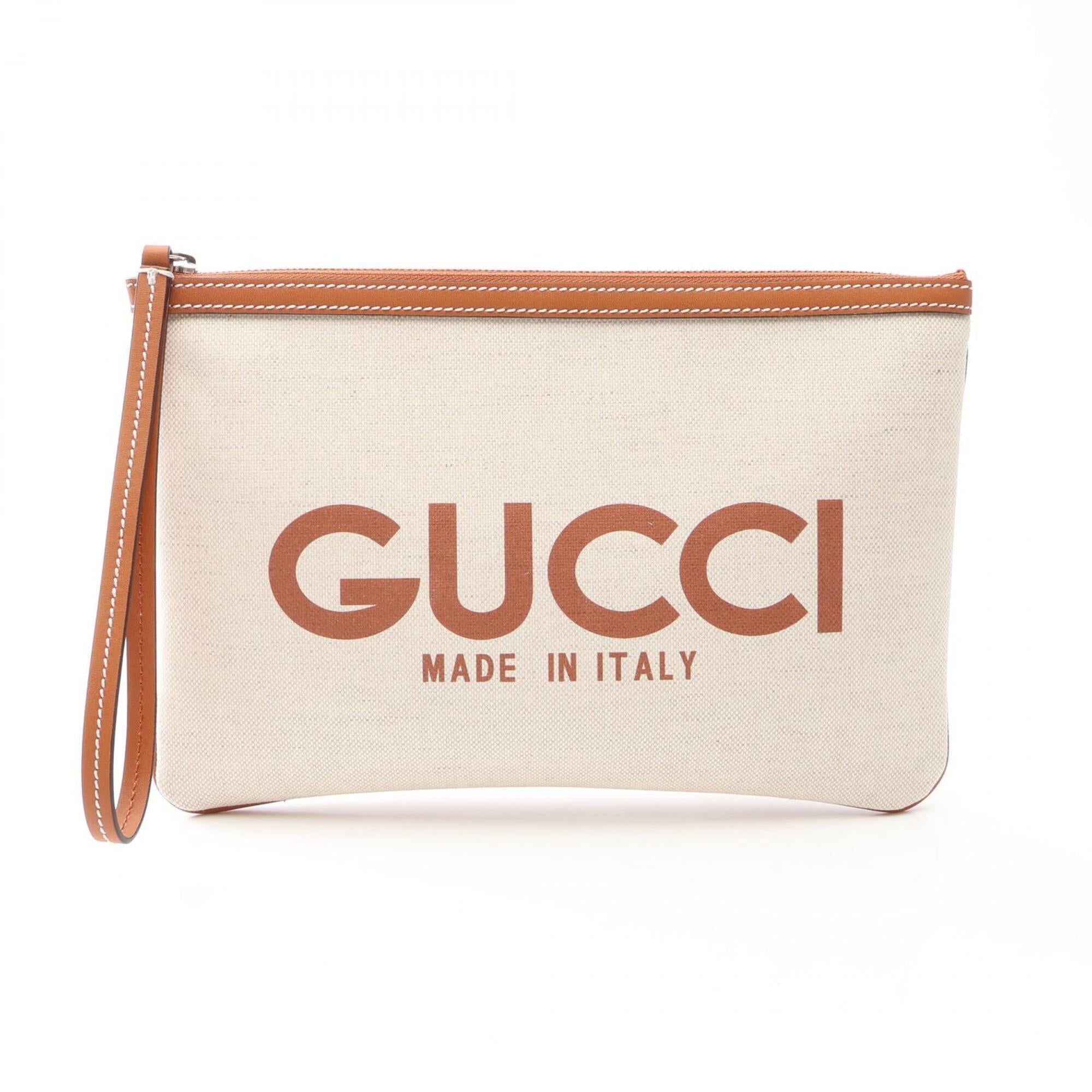 Gucci Brown Ivory Canvas Leather Clutch Bag (Pre-Owned)