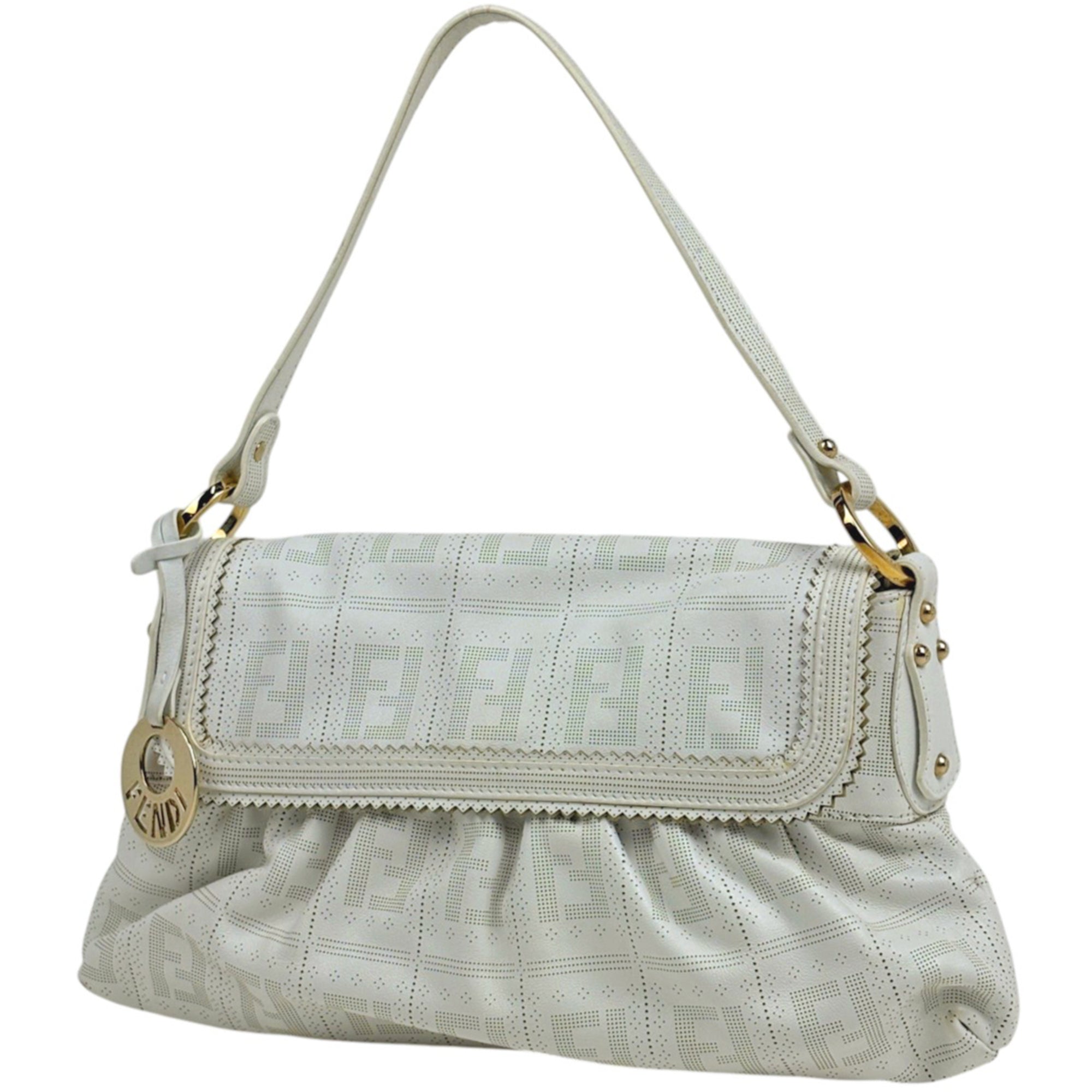 Fendi Zucca White Leather Shoulder Bag (Pre-Owned)
