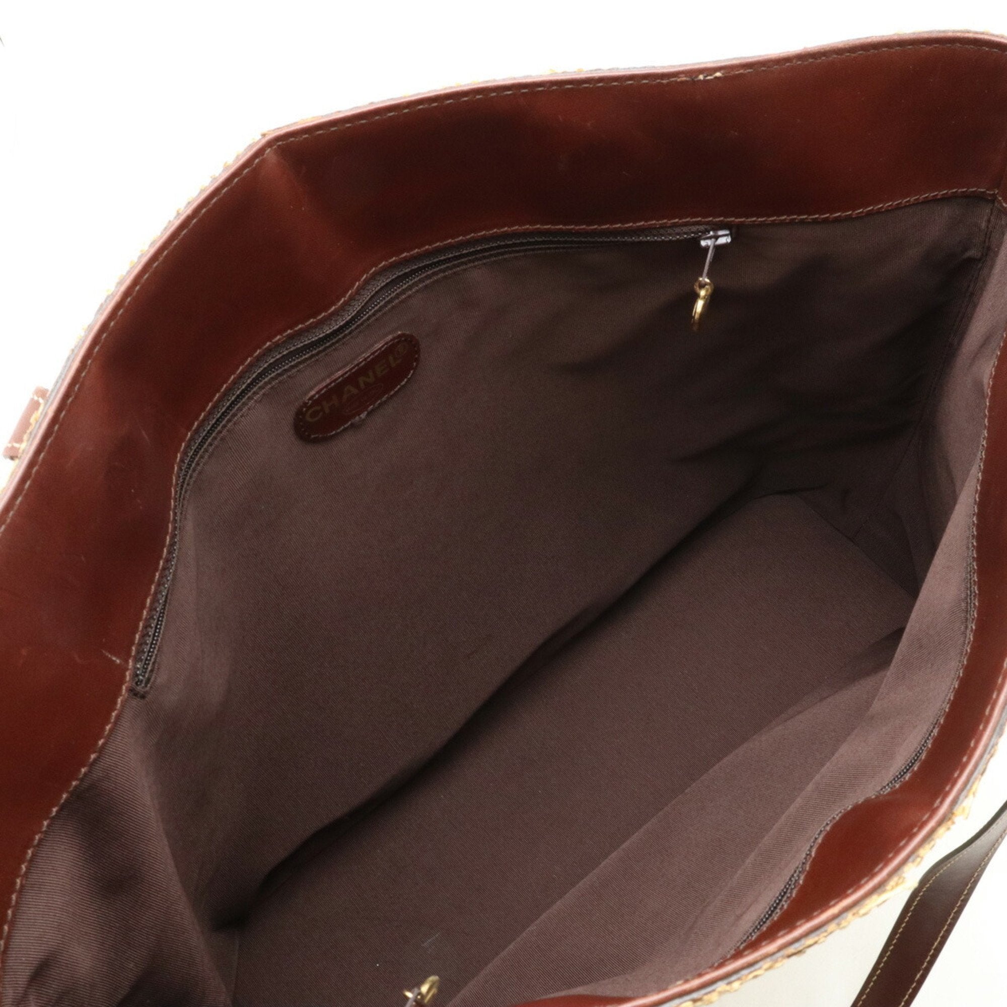 Chanel Dark Brown Straw Leather Shoulder Bag Tote Bag (Pre-Owned)