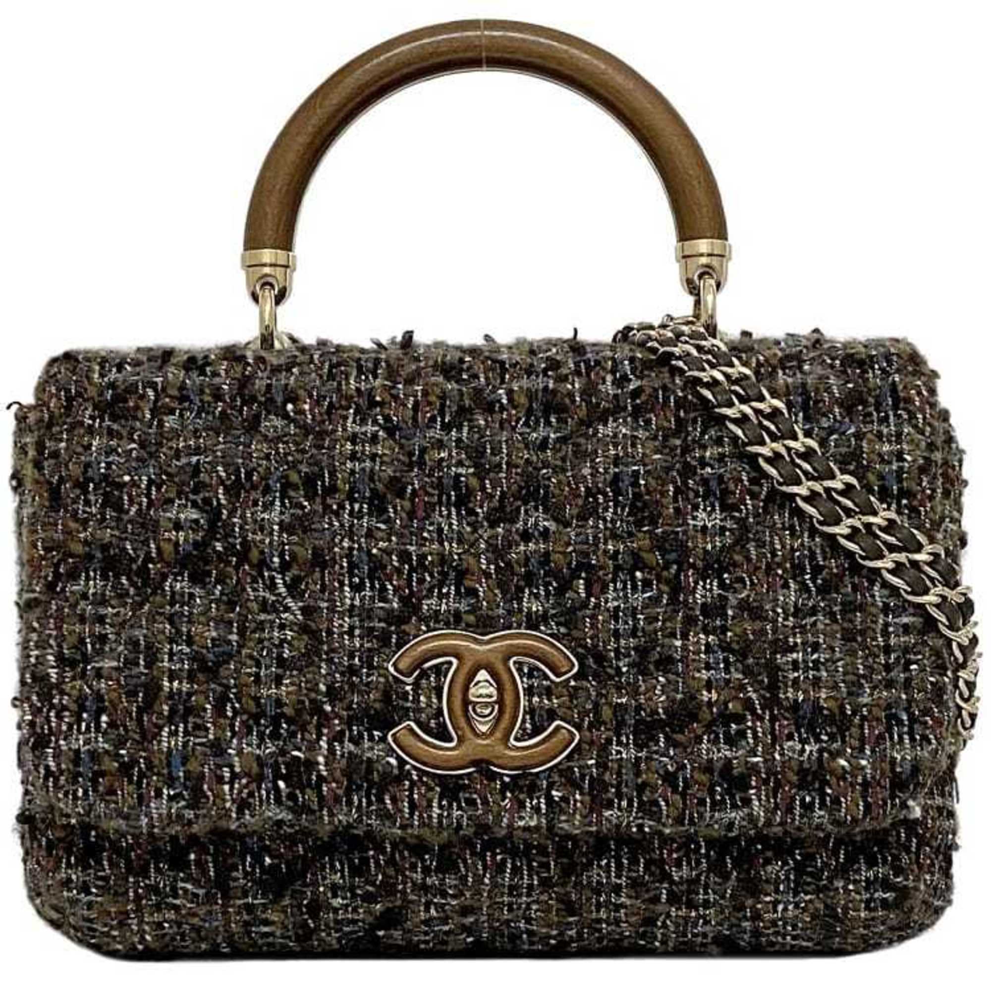 Chanel Brown Gray Tweed Wood Shoulder Bag (Pre-Owned)
