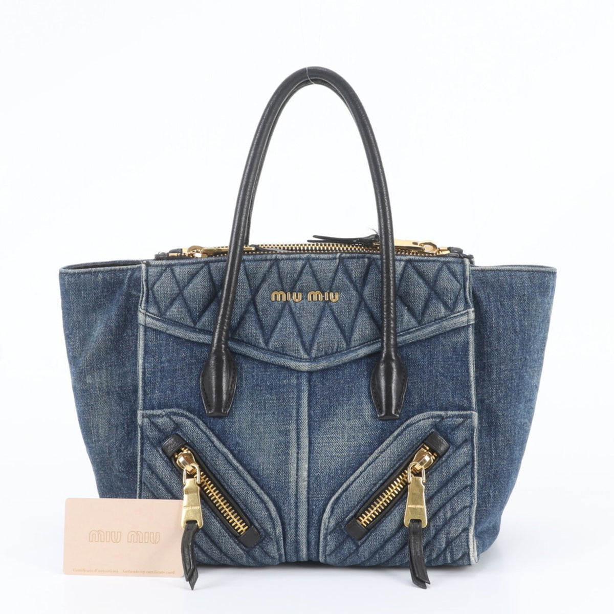 Miu Miu Black Blue Leather Canvas Shoulder Bag Tote Bag (Pre-Owned)
