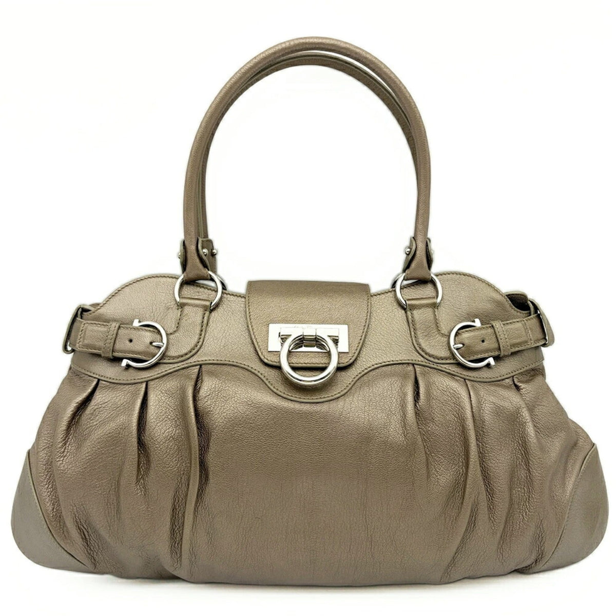 Salvatore Ferragamo Gancini Bronze Leather Handbag (Pre-Owned)