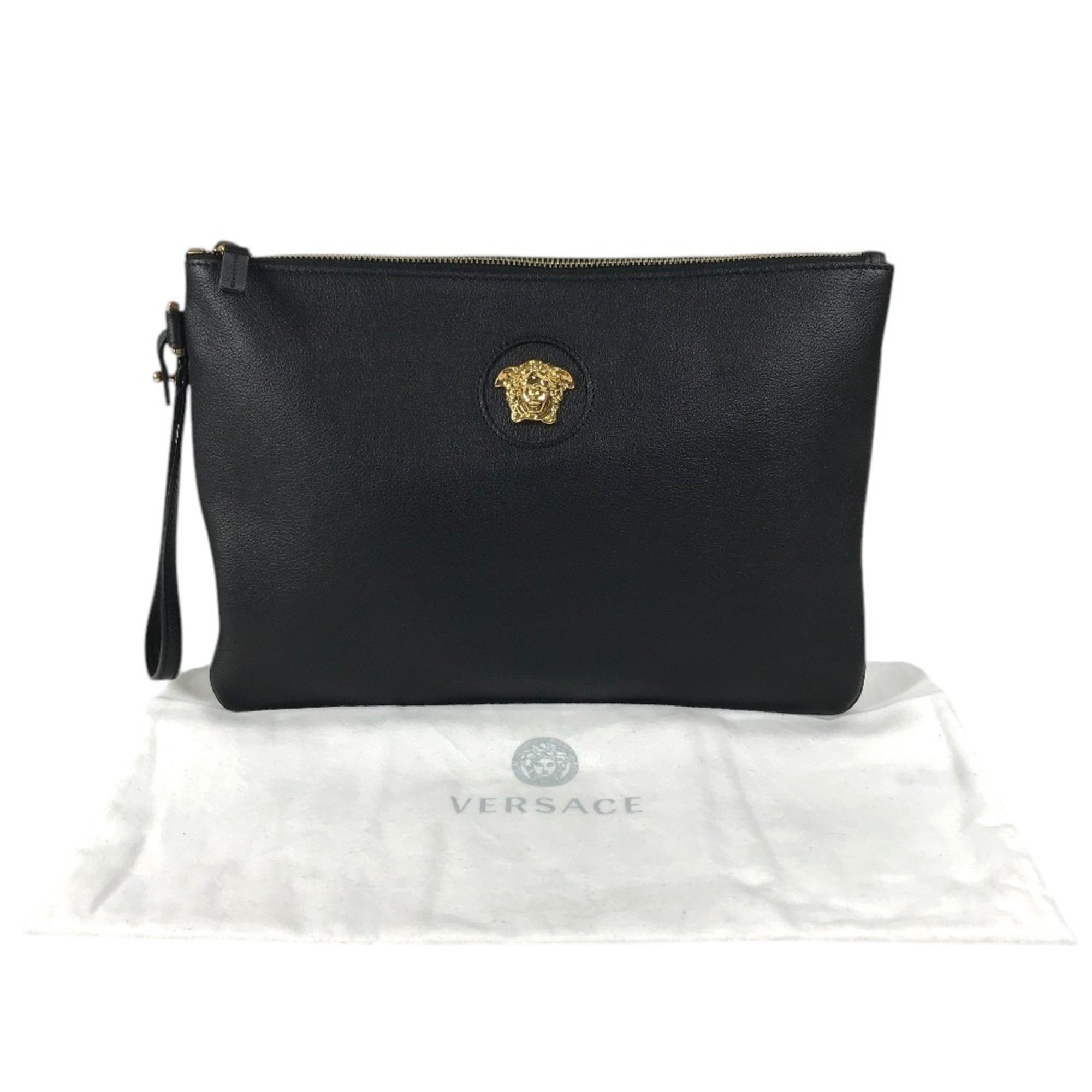 Versace Black Leather Clutch Bag Handbag (Pre-Owned)