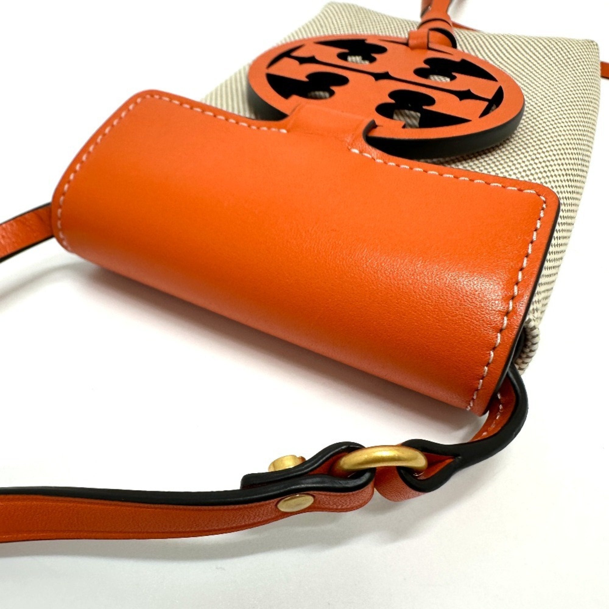 Tory Burch Beige Orange Canvas Leather Pochette Shoulder Bag (Pre-Owned)