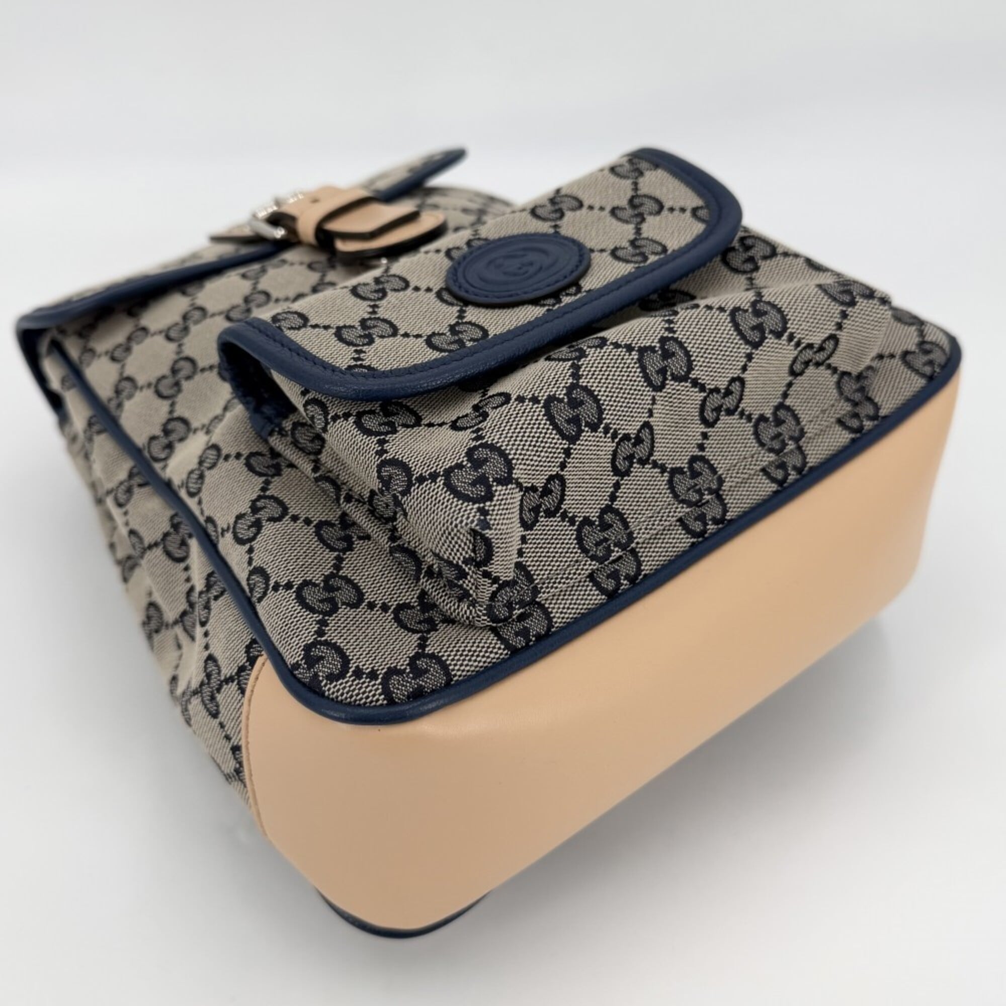 Gucci Brown Navy Gg Canvas Leather Backpack (Pre-Owned)