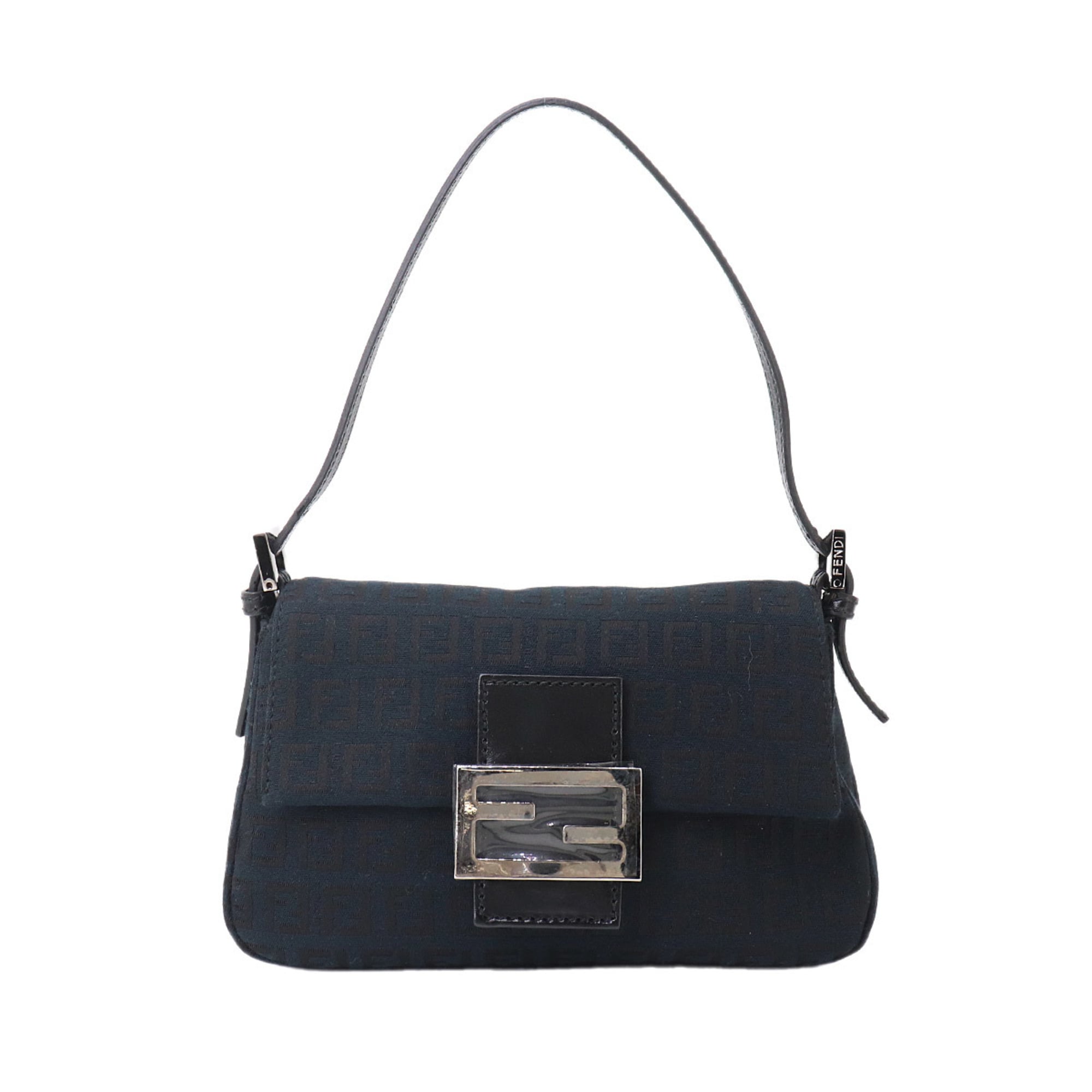 Fendi Zucchino Black Canvas Leather Baguette Bag Handbag Shoulder Bag (Pre-Owned)