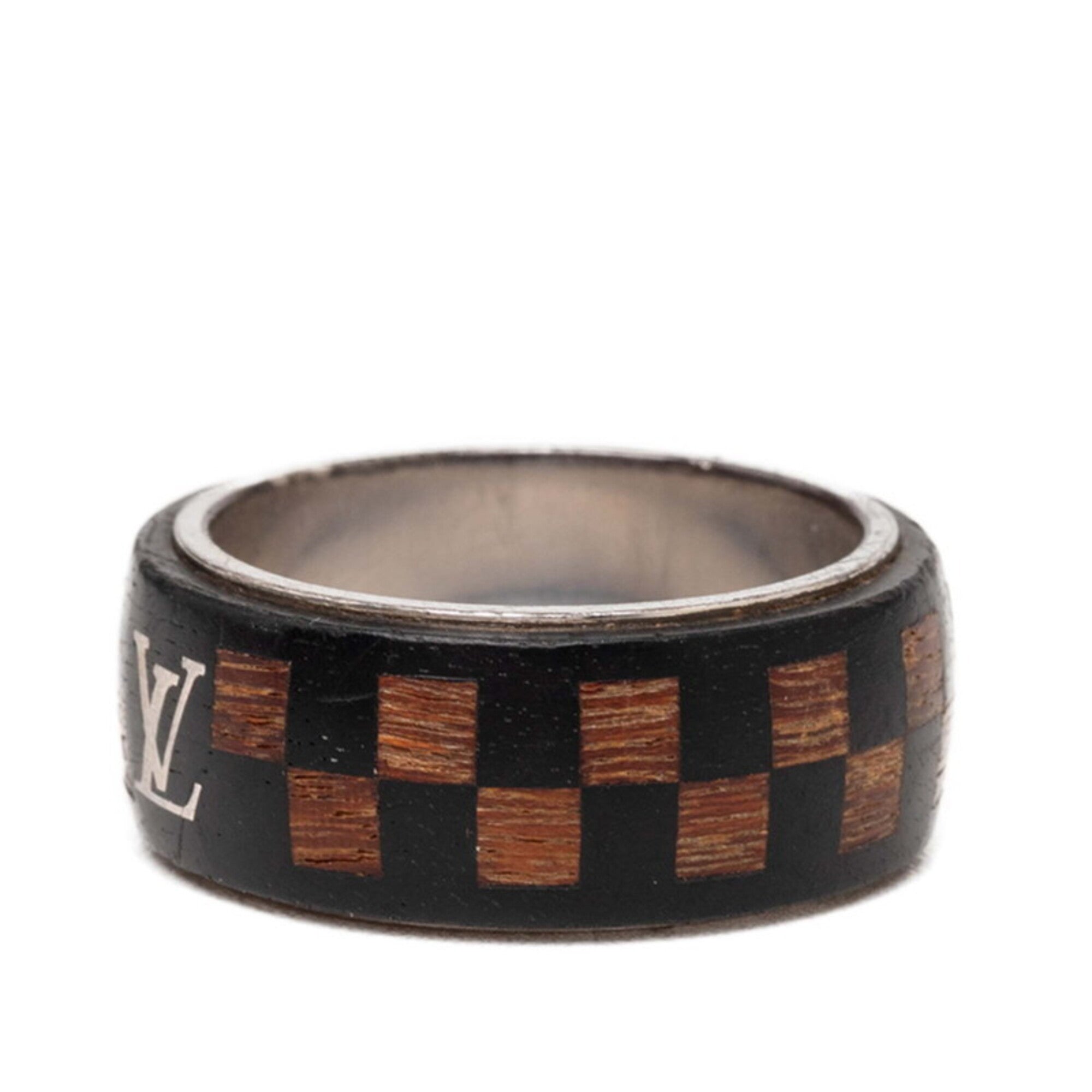 Louis Vuitton Silver Brown Metal Wood Band Ring (Pre-Owned)