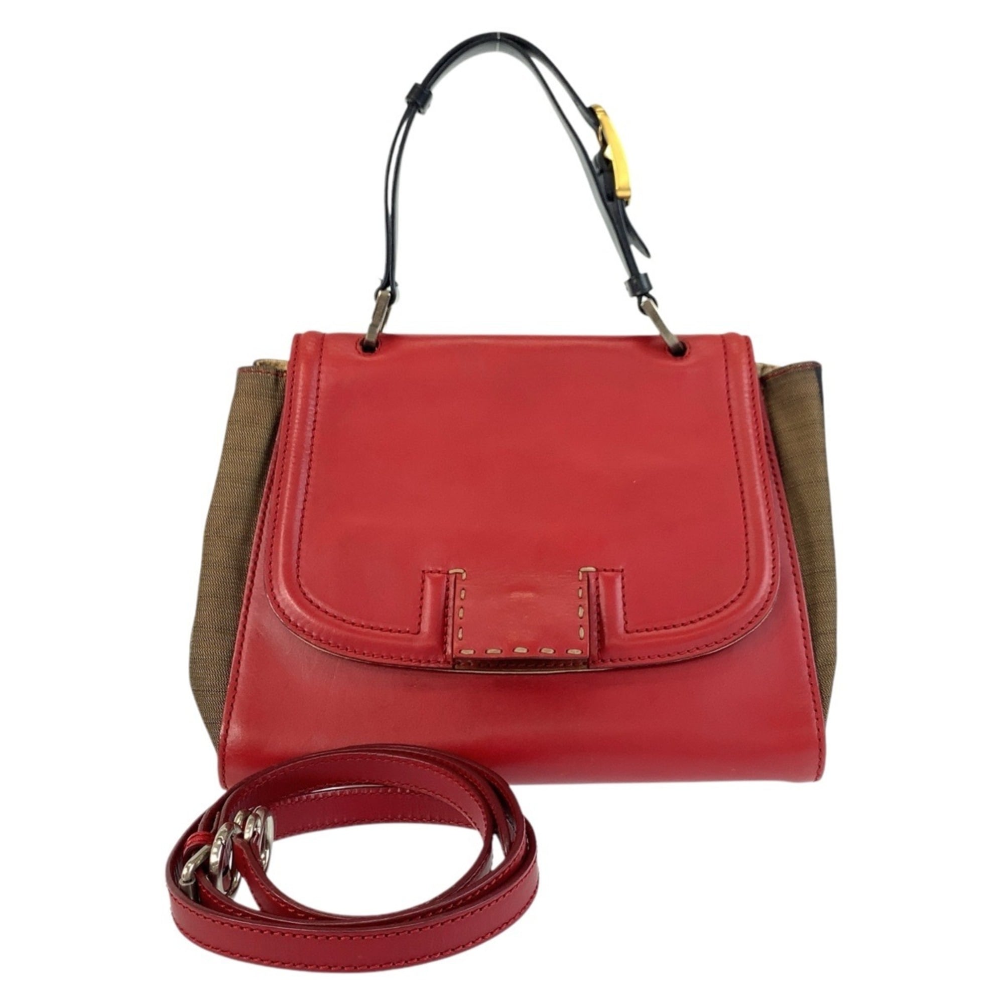 Fendi Brown Red Color Leather Canvas Handbag Shoulder Bag (Pre-Owned)