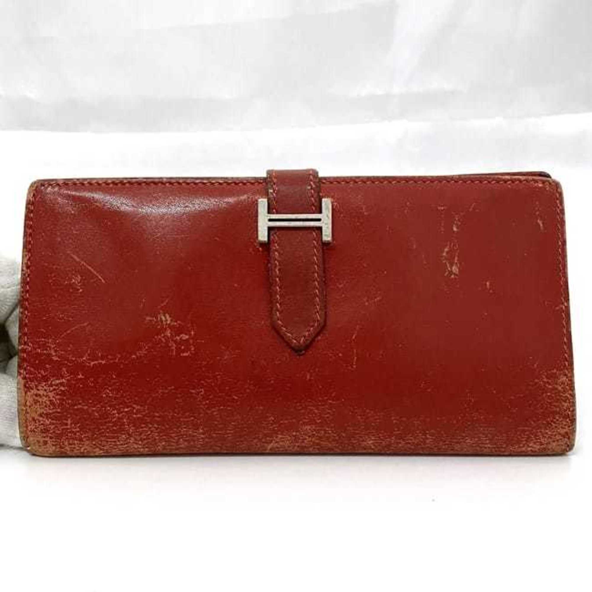 Hermes Red Color Leather Long Wallet (Bi-Fold) (Pre-Owned)