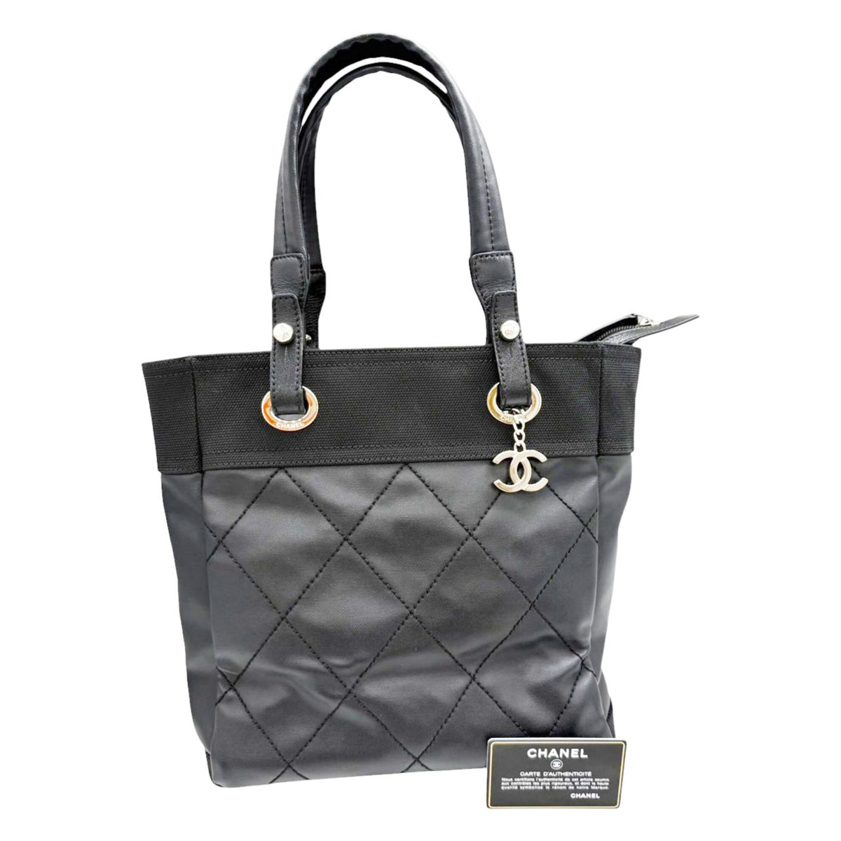 Chanel Black Coated Canvas Leather Tote Bag (Pre-Owned)