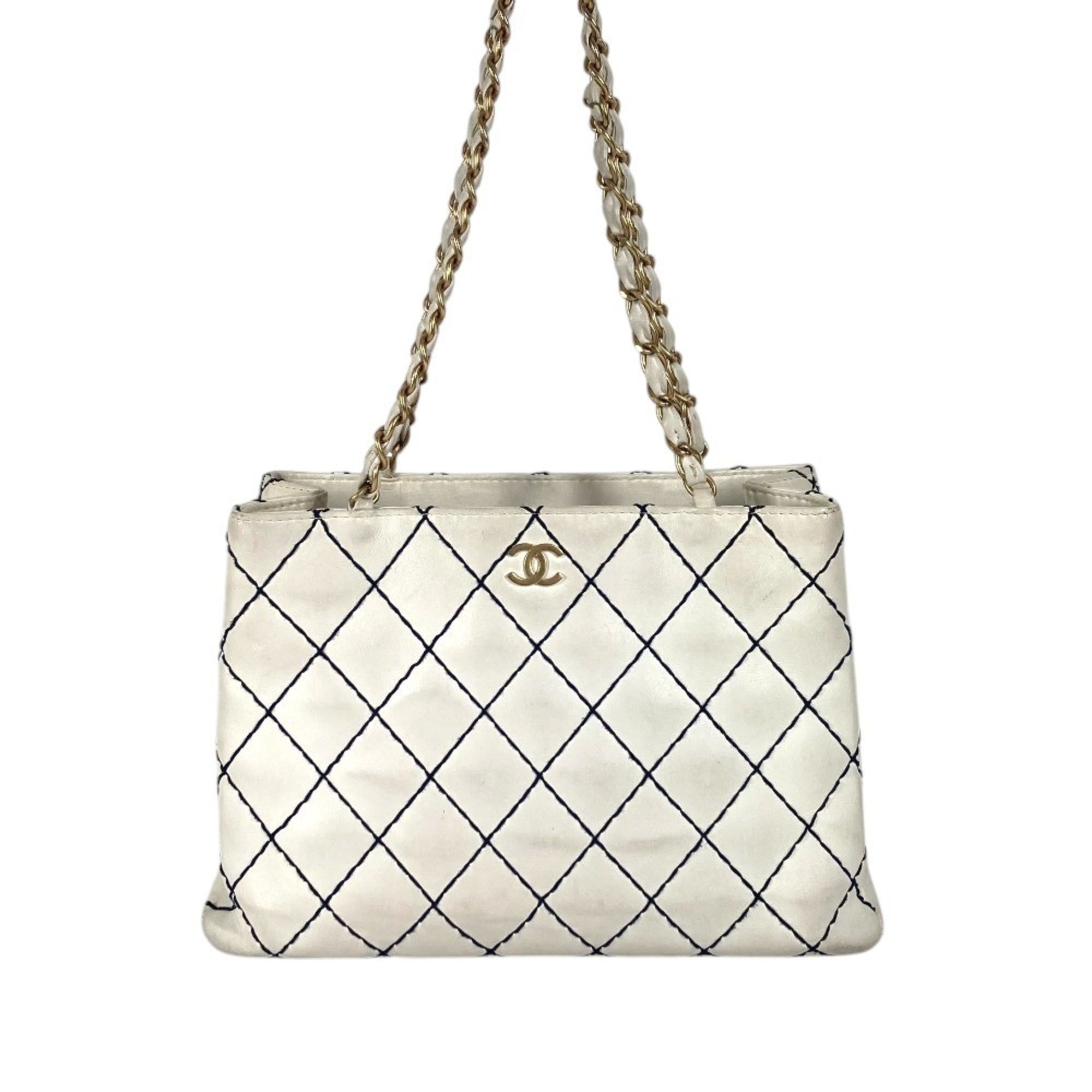Chanel Navy White Leather Shoulder Bag Tote Bag (Pre-Owned)
