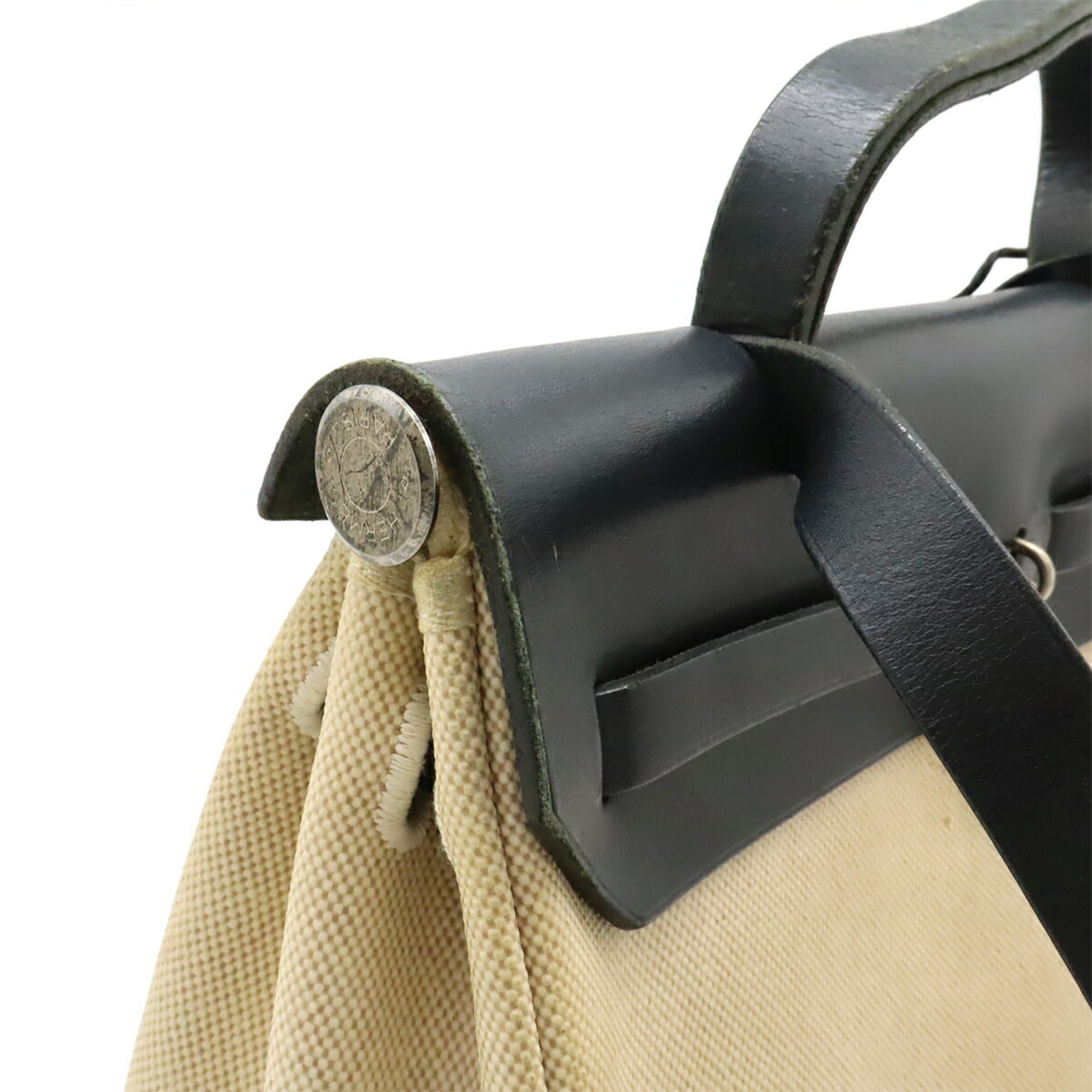 Hermes Her Bag Black Natural Toile H Toile Officier Leather Handbag Shoulder Bag (Pre-Owned)