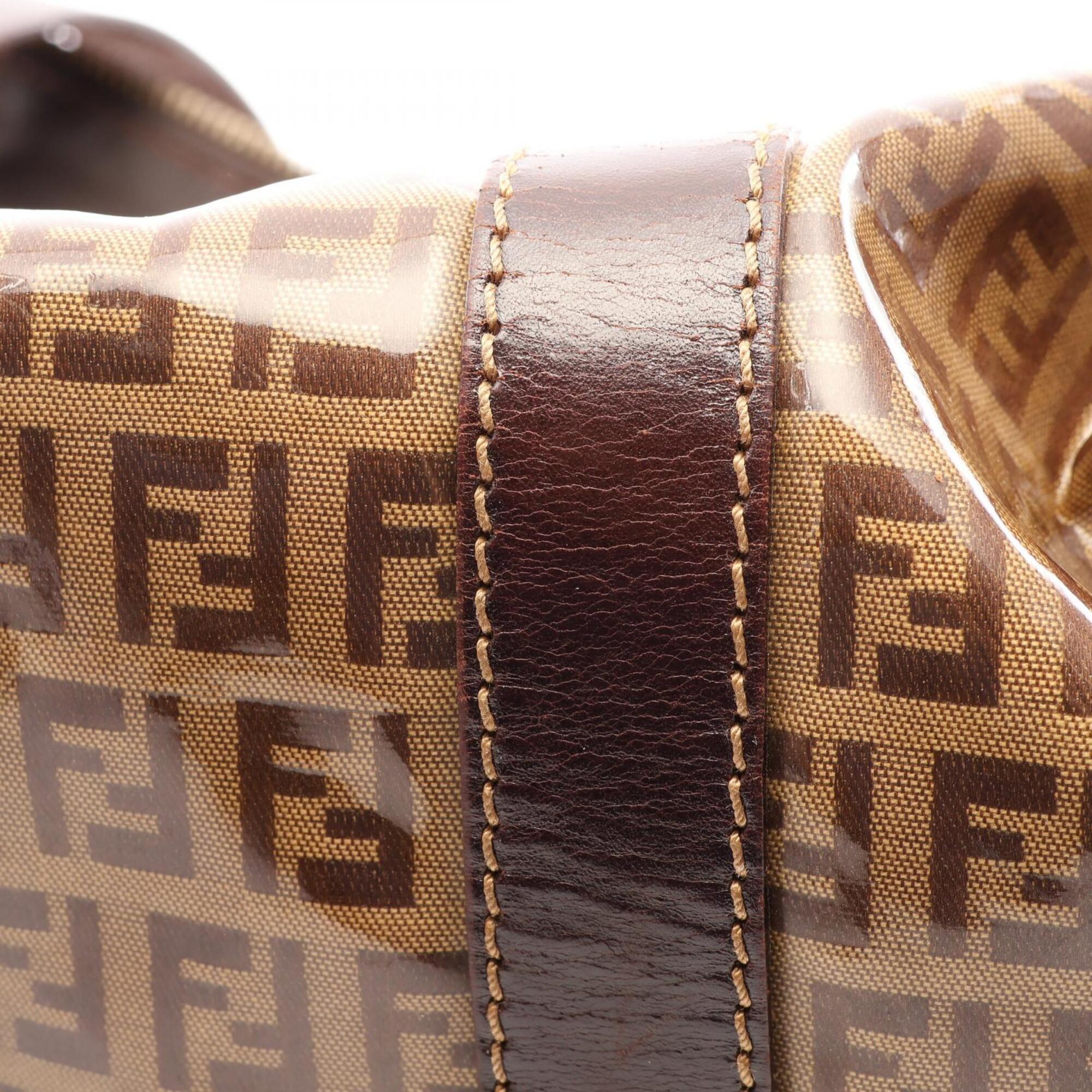 Fendi Beige Brown Canvas Leather Boston Bag Handbag (Pre-Owned)
