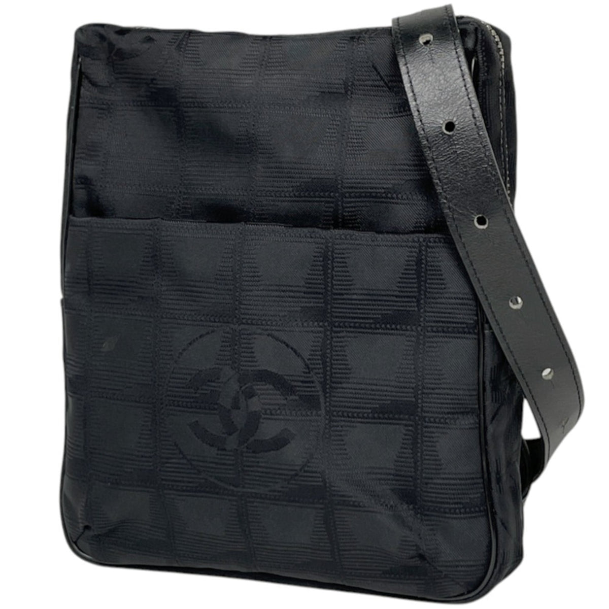 Chanel New Travel Line Black Jacquard Nylon Leather Shoulder Bag (Pre-Owned)