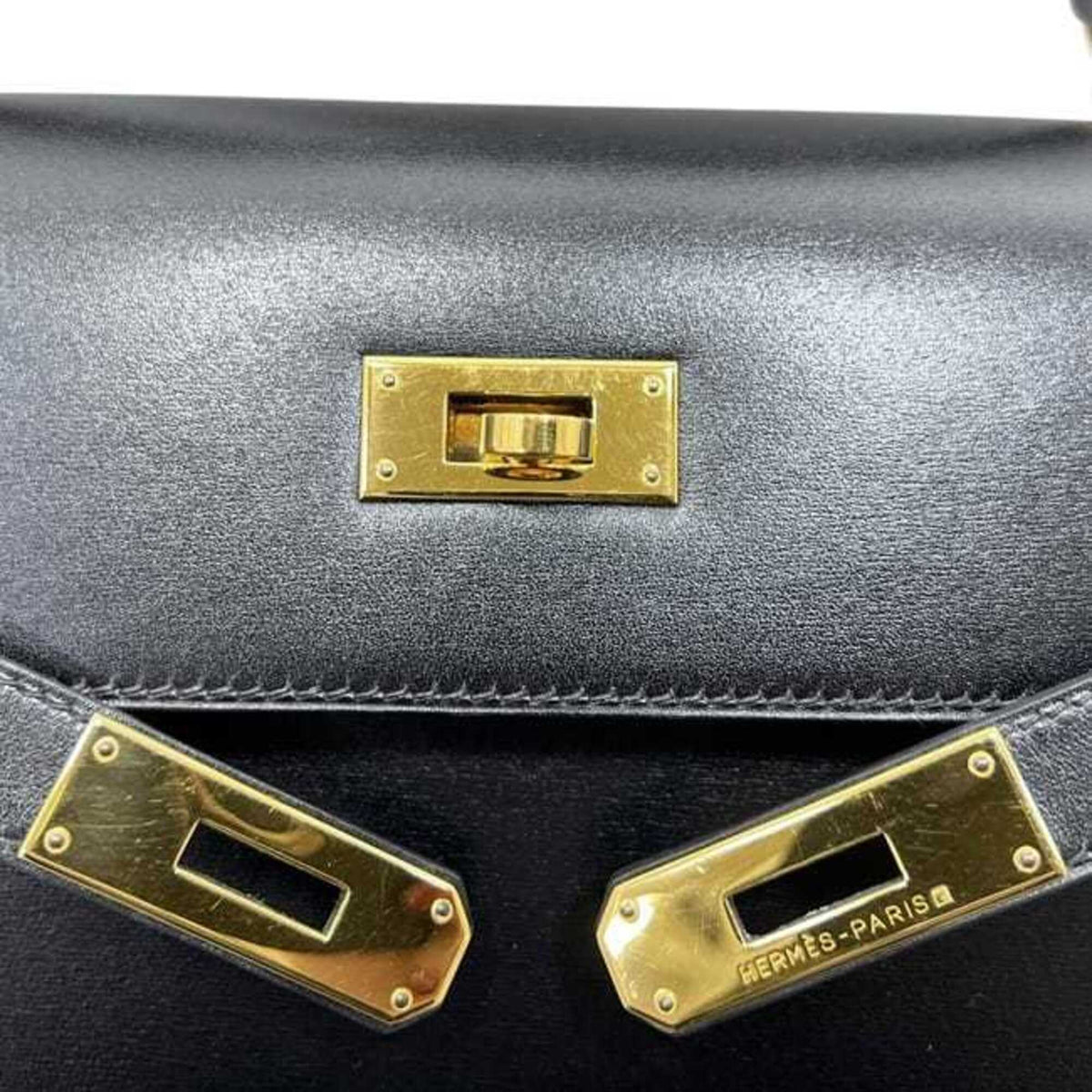 Hermes Kelly Black Box Calf Leather Handbag Shoulder Bag (Pre-Owned)