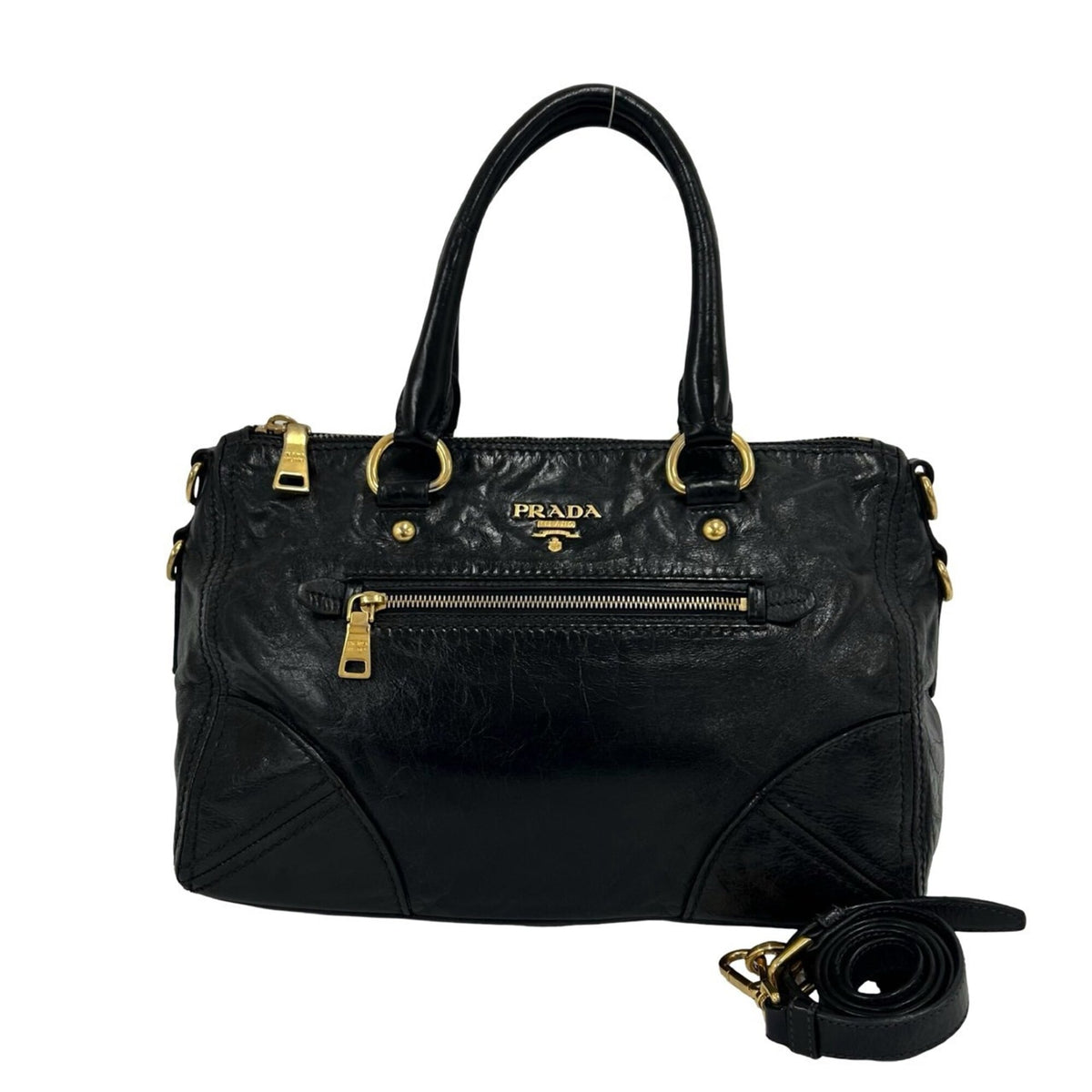 Prada Black Leather Boston Bag Handbag Shoulder Bag Tote Bag (Pre-Owned)