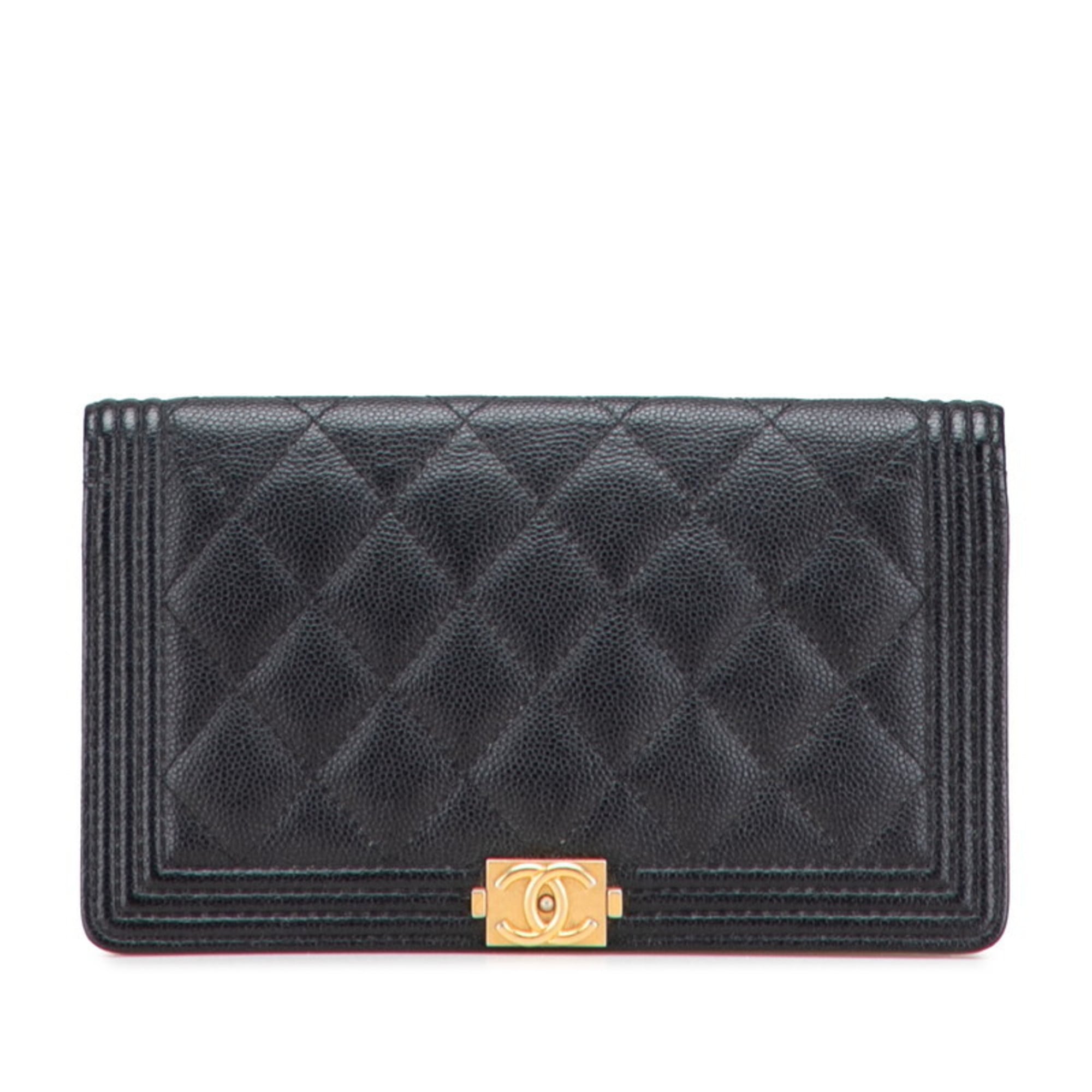 Chanel Boy Chanel Black Grained Calfskin Long Wallet (Bi-Fold) (Pre-Owned)
