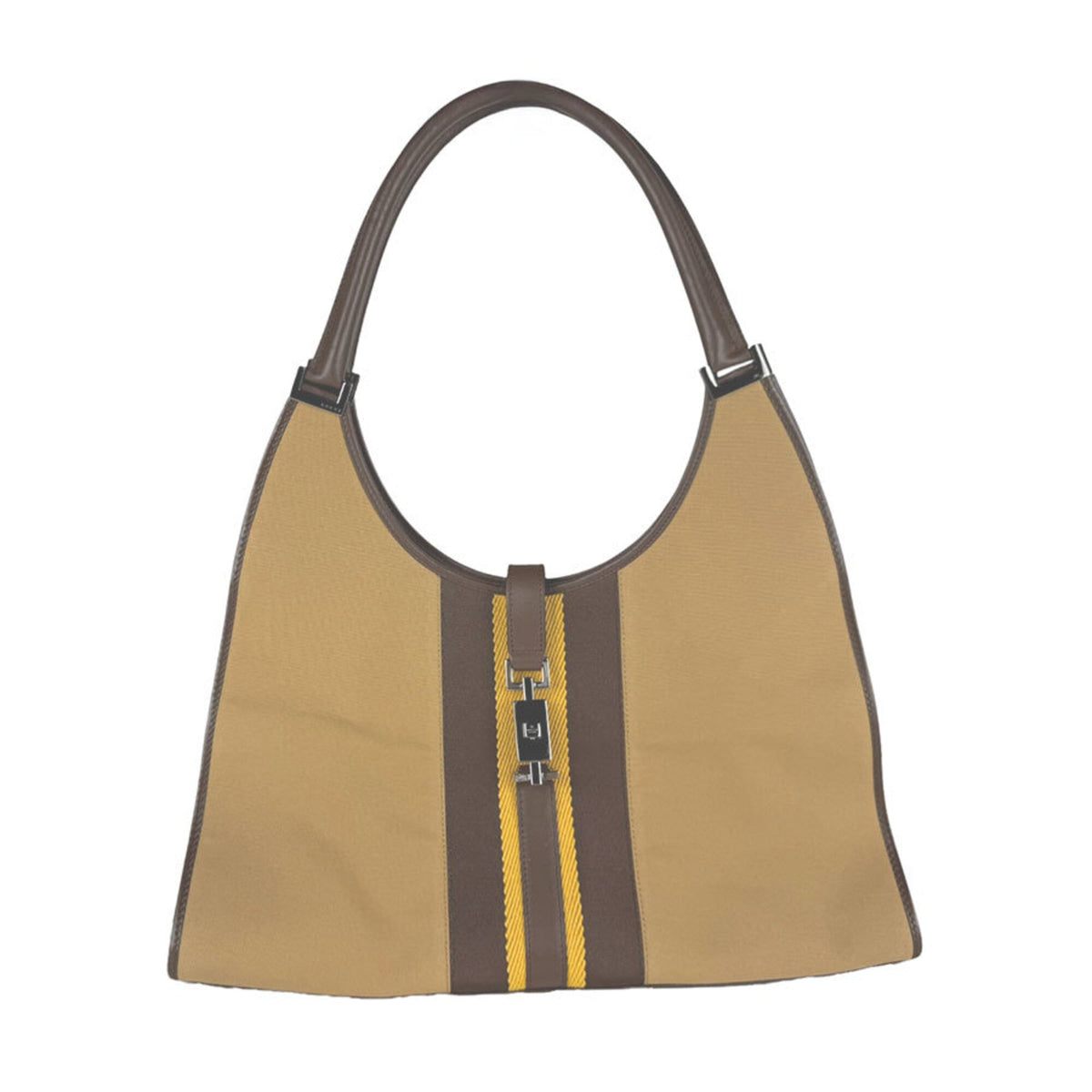 Gucci Beige Brown Yellow Canvas Leather Handbag (Pre-Owned)