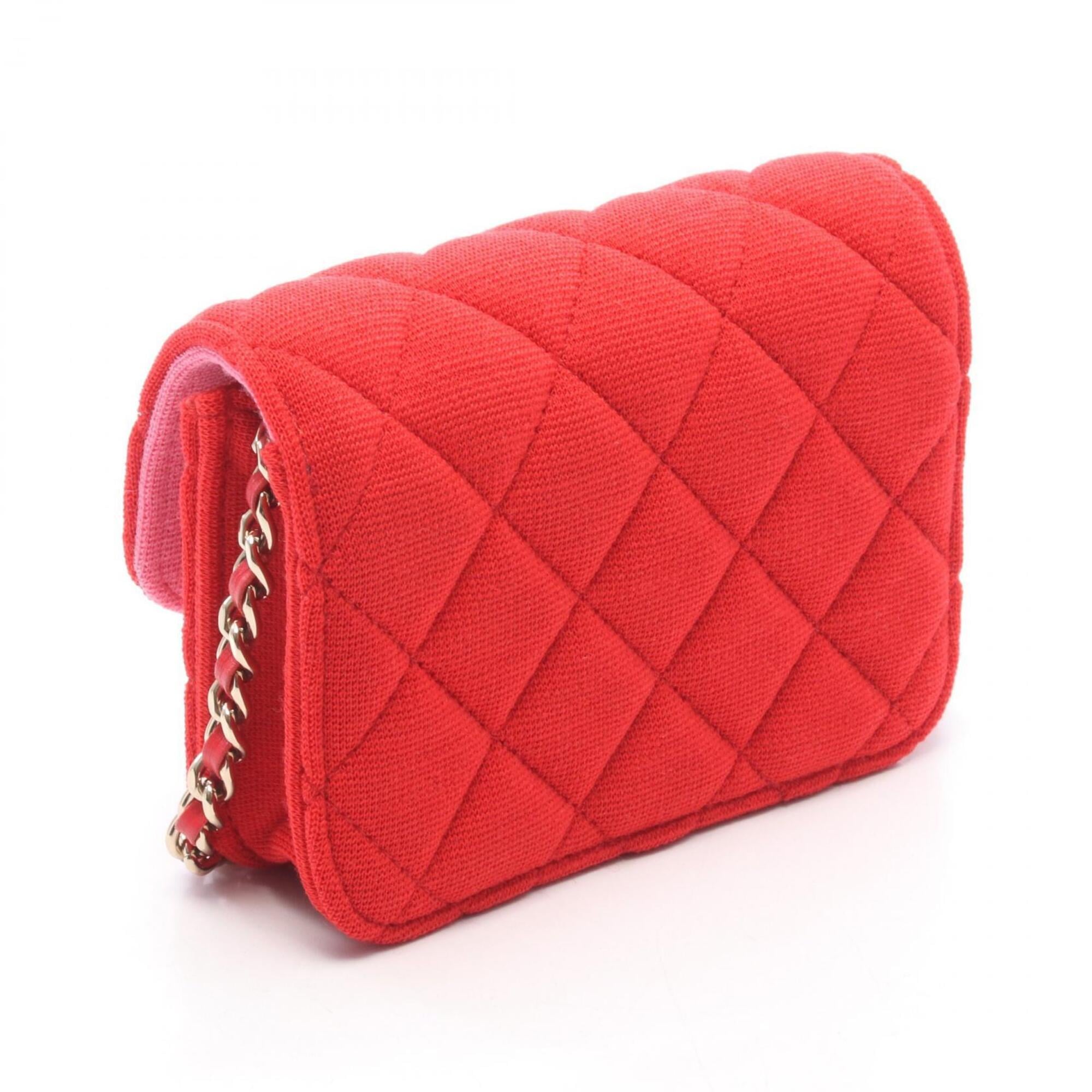 Chanel Red Color Leather Cotton Handbag Shoulder Bag (Pre-Owned)