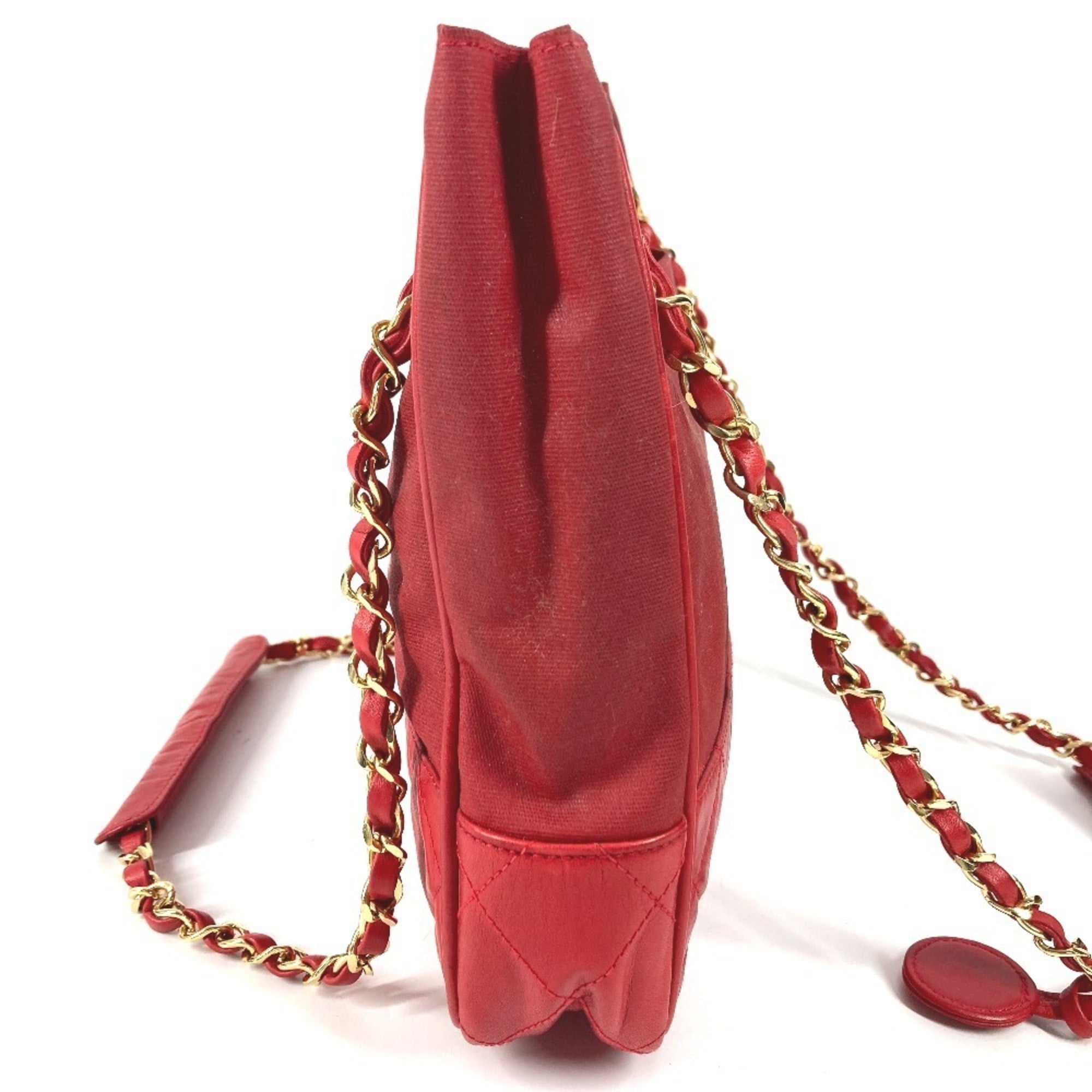 Chanel Red Color Leather Coated Canvas Shoulder Bag Tote Bag (Pre-Owned)