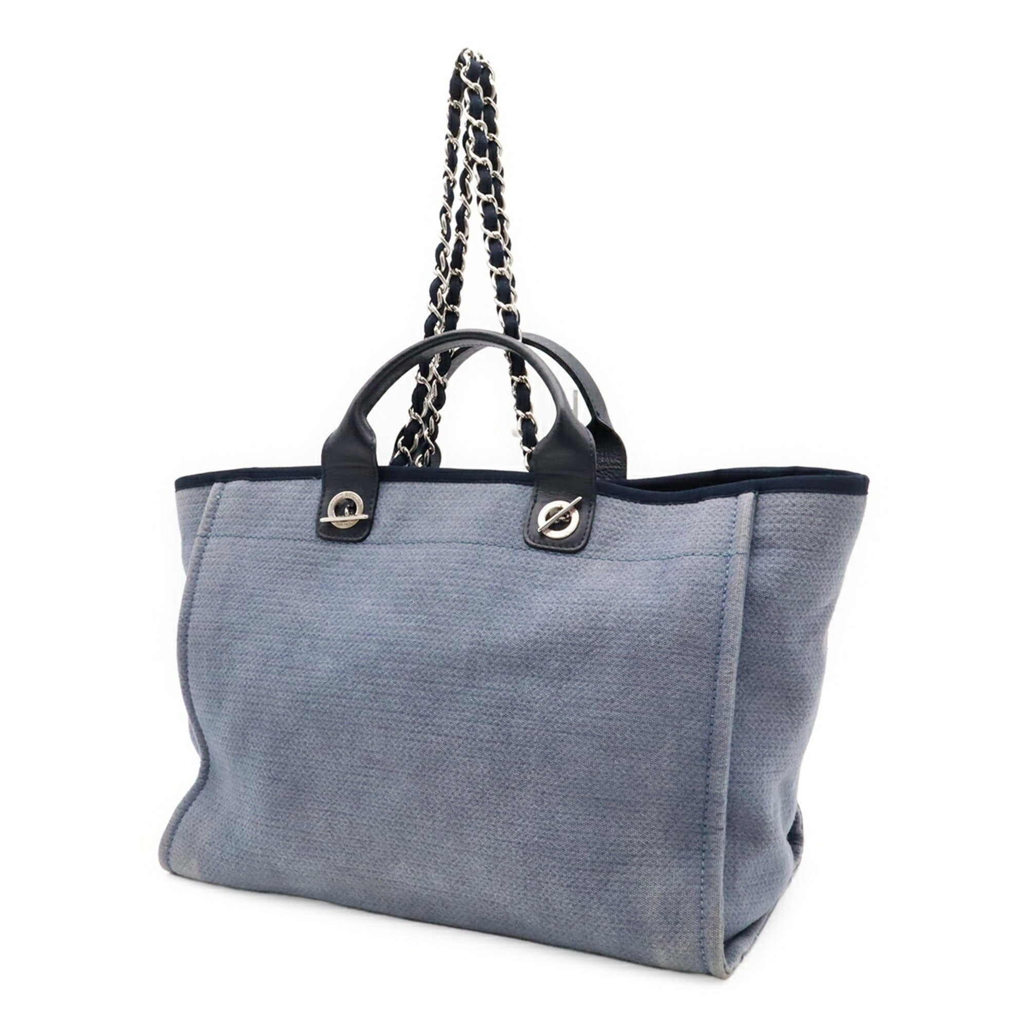 Chanel Blue Canvas Leather Shoulder Bag Tote Bag (Pre-Owned)