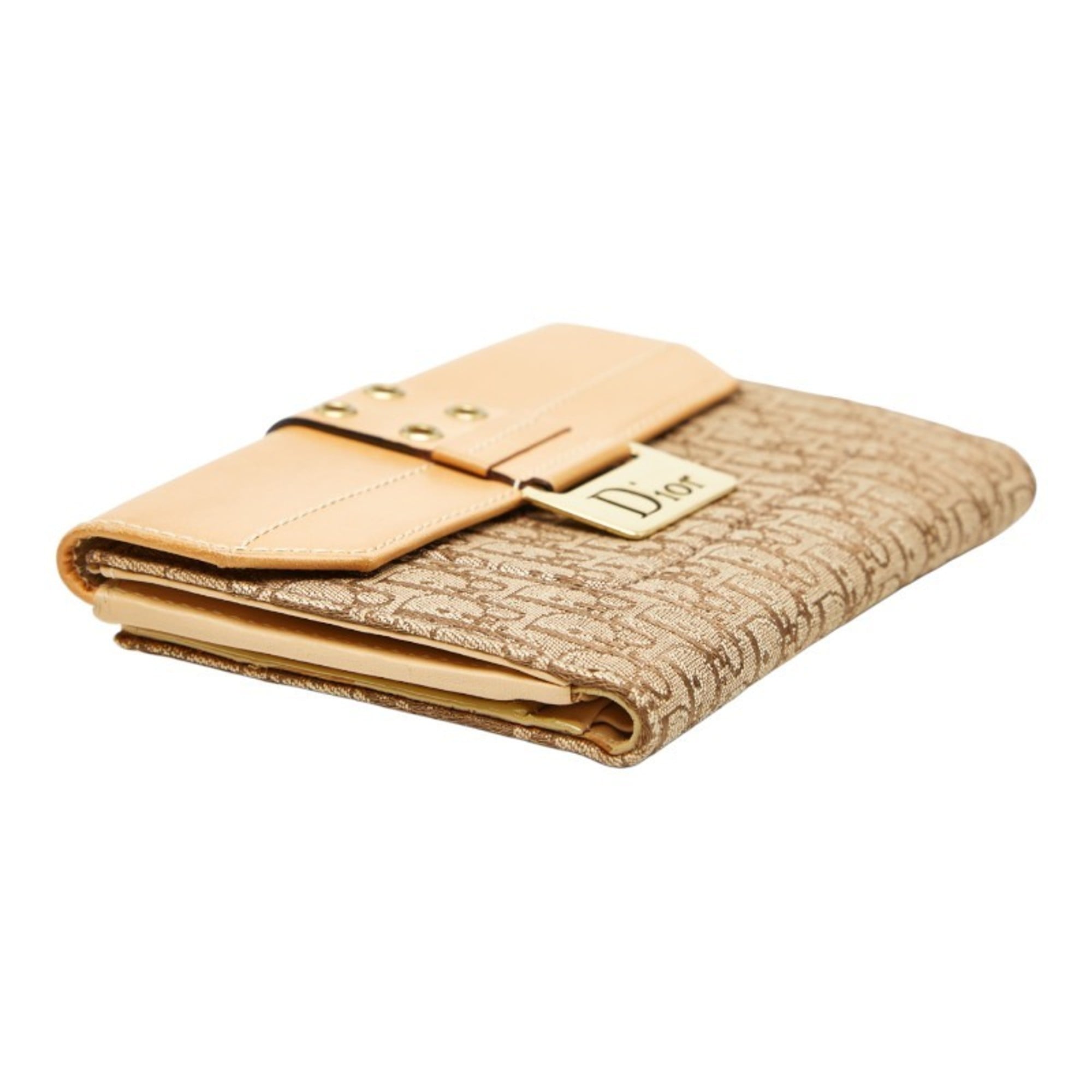 Christian Dior Beige Brown Canvas Leather Long Wallet (Bi-Fold) (Pre-Owned)