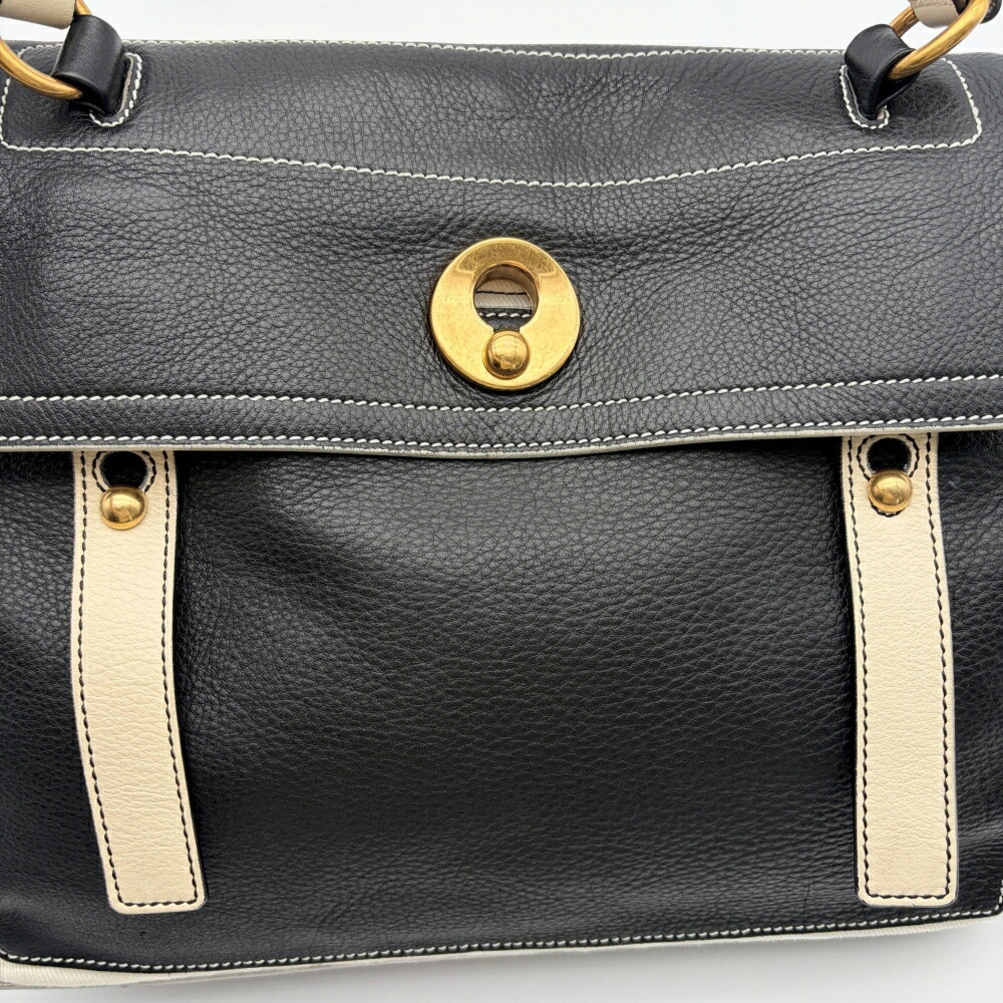 Yves Saint Laurent Black White Leather Canvas Handbag (Pre-Owned)