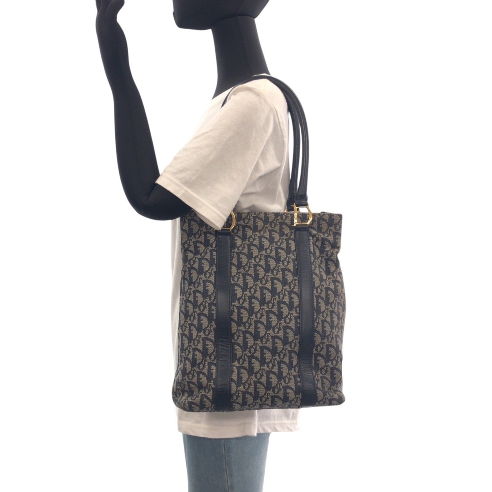 Christian Dior Navy Canvas Leather Shoulder Bag Tote Bag (Pre-Owned)