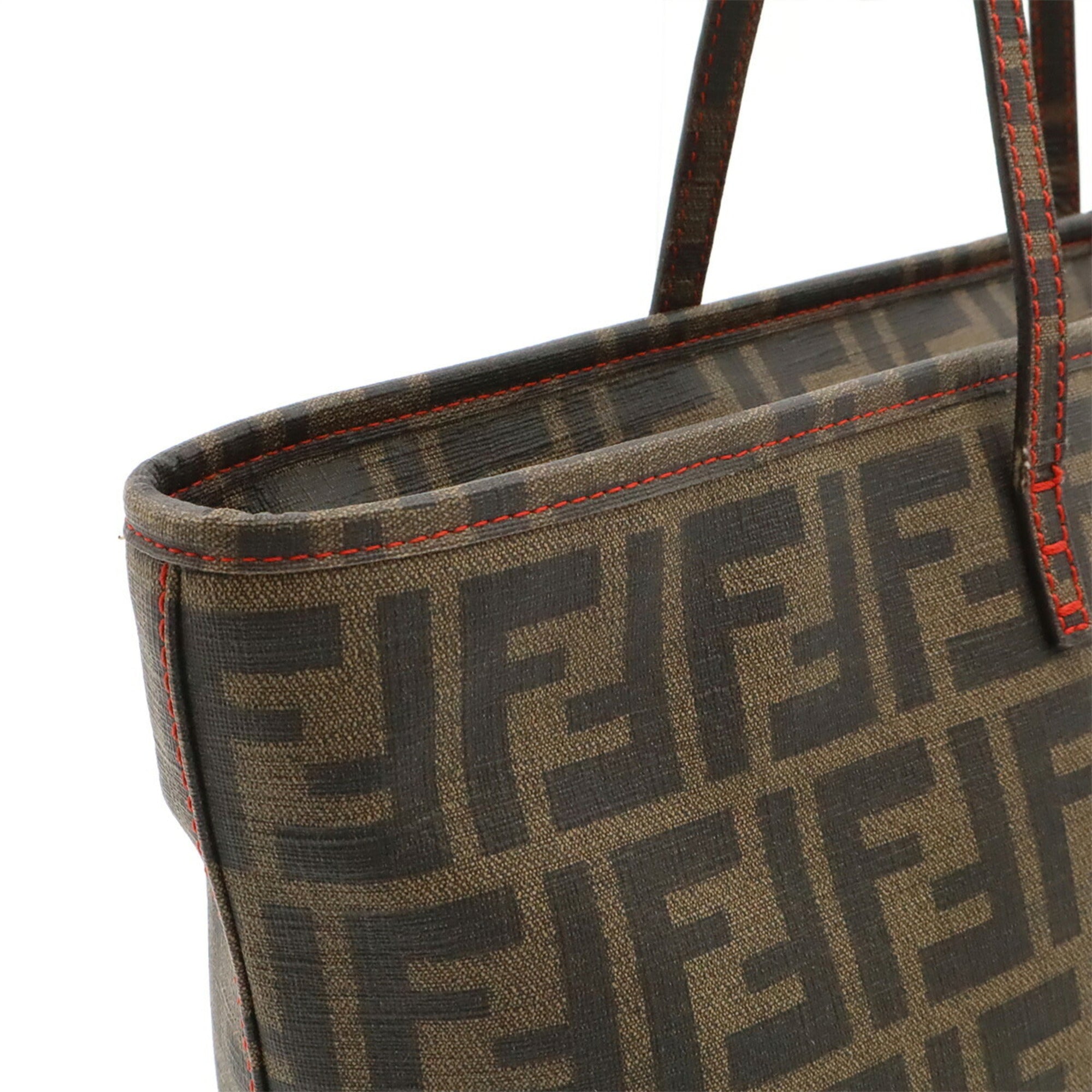 Fendi Dark Brown Khaki Brown Red Color Coated Canvas Leather Shoulder Bag Tote Bag (Pre-Owned)