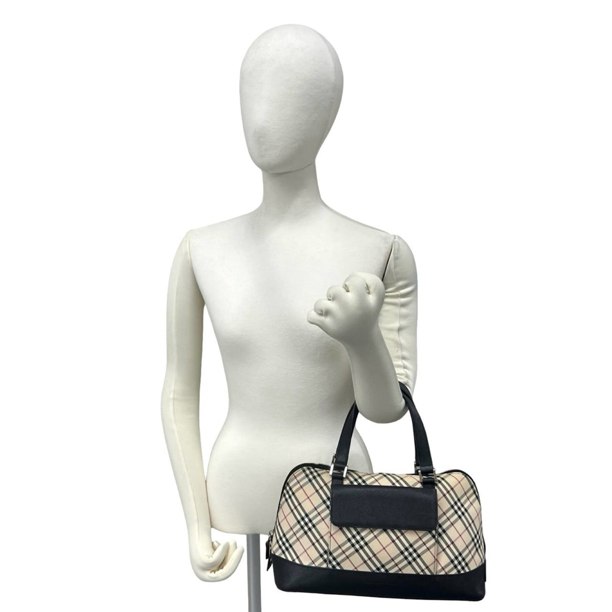 Burberry Beige Black Canvas Leather Boston Bag Handbag (Pre-Owned)