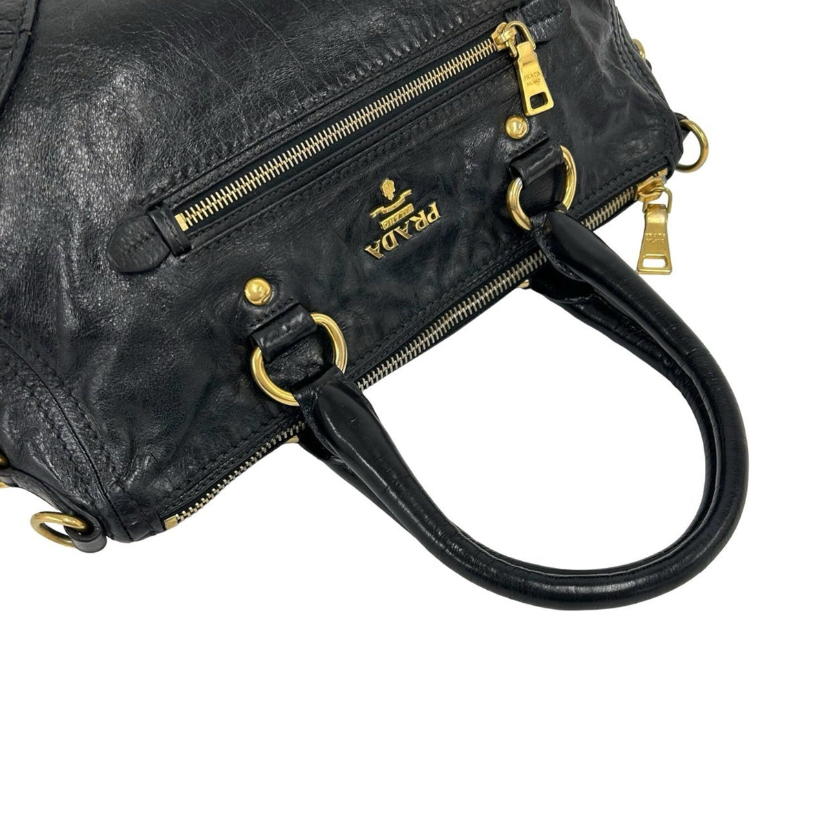 Prada Black Leather Boston Bag Handbag Shoulder Bag Tote Bag (Pre-Owned)
