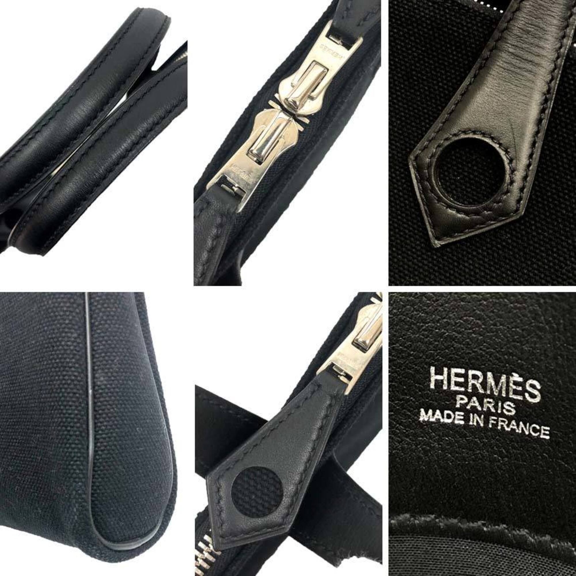 Hermes Black Canvas Leather Handbag Tote Bag (Pre-Owned)