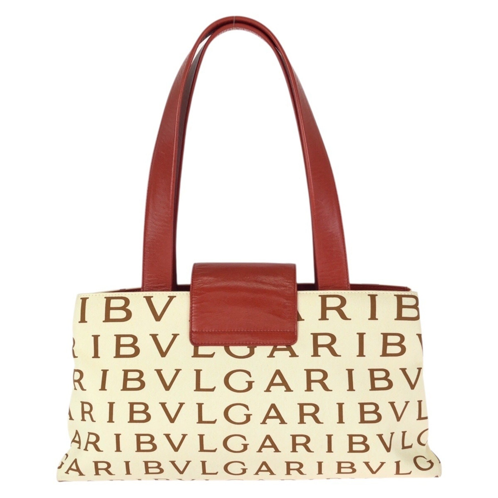 Bvlgari Ivory Red Color Canvas Leather Shoulder Bag Tote Bag (Pre-Owned)